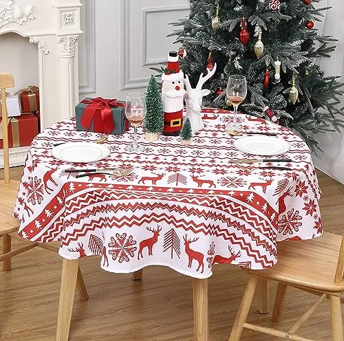 GARVEE Round Table Cloths 60 Inch Xmas Tree and Deer Design Waterproof Tablecloth Boho Table Cover for Outdoor, Indoor Party Kitchen Dining RoomRound 60x60, White/Red