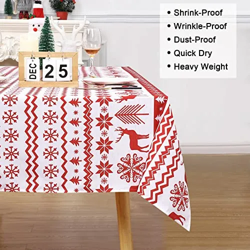 GARVEE Round Table Cloths 60 Inch Xmas Tree and Deer Design Waterproof Tablecloth Boho Table Cover for Outdoor, Indoor Party Kitchen Dining RoomRound 60x60, White/Red