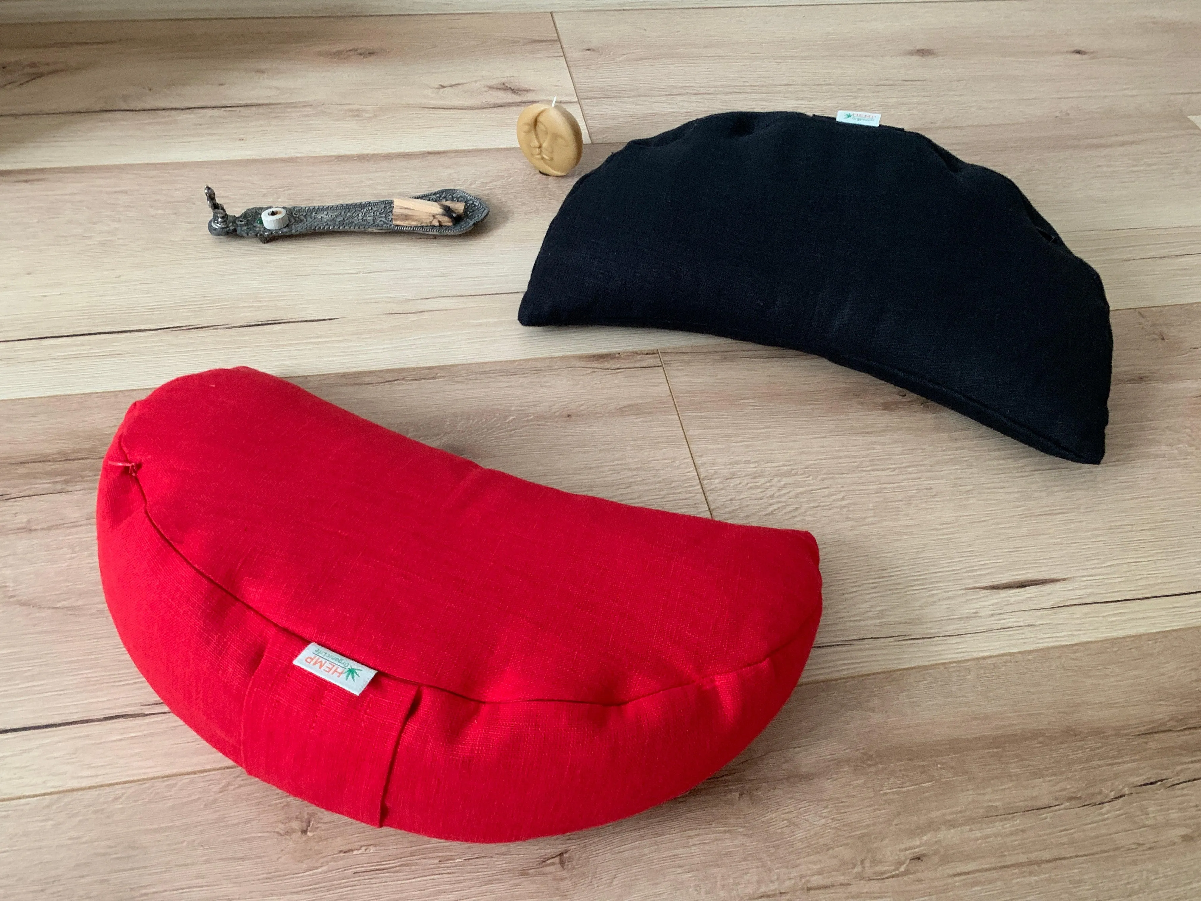 Gift for her / him Red linen meditation Cresсent cushion filled with buckwheat hulls Yoga support pillow