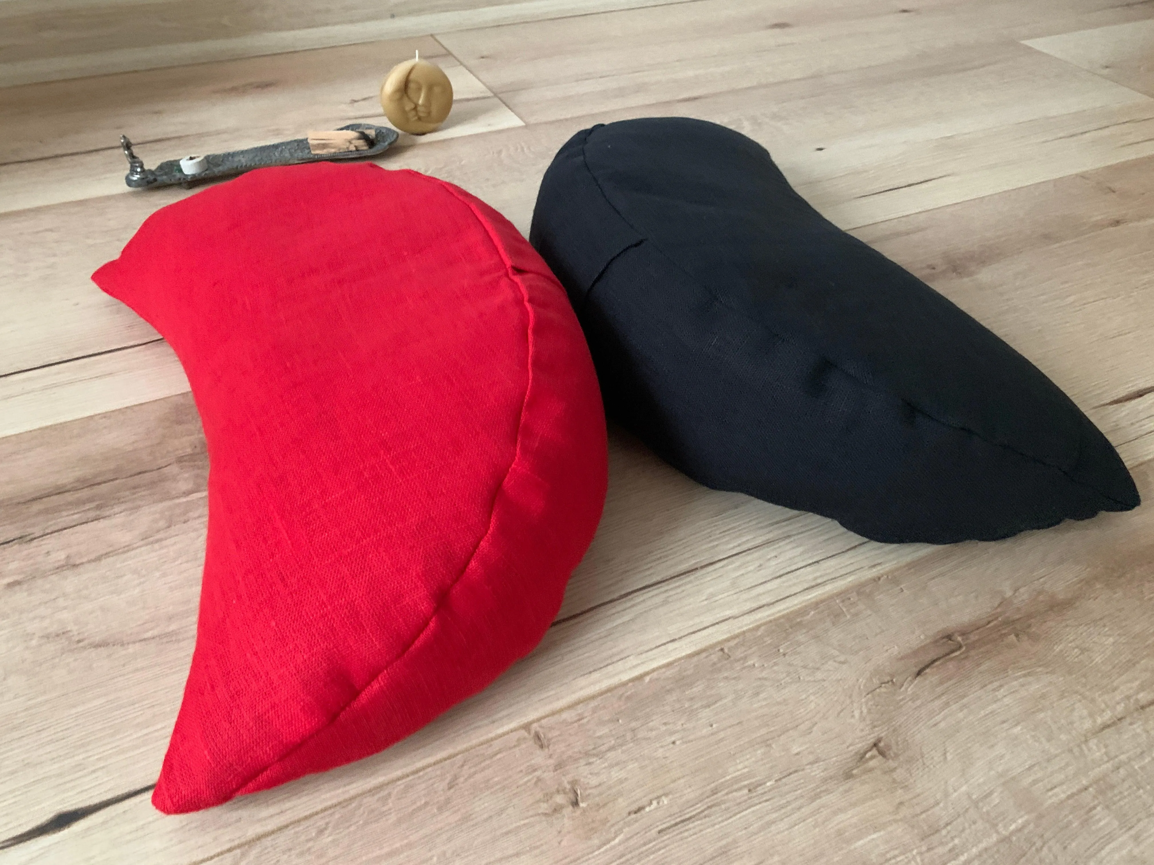 Gift for her / him Red linen meditation Cresсent cushion filled with buckwheat hulls Yoga support pillow