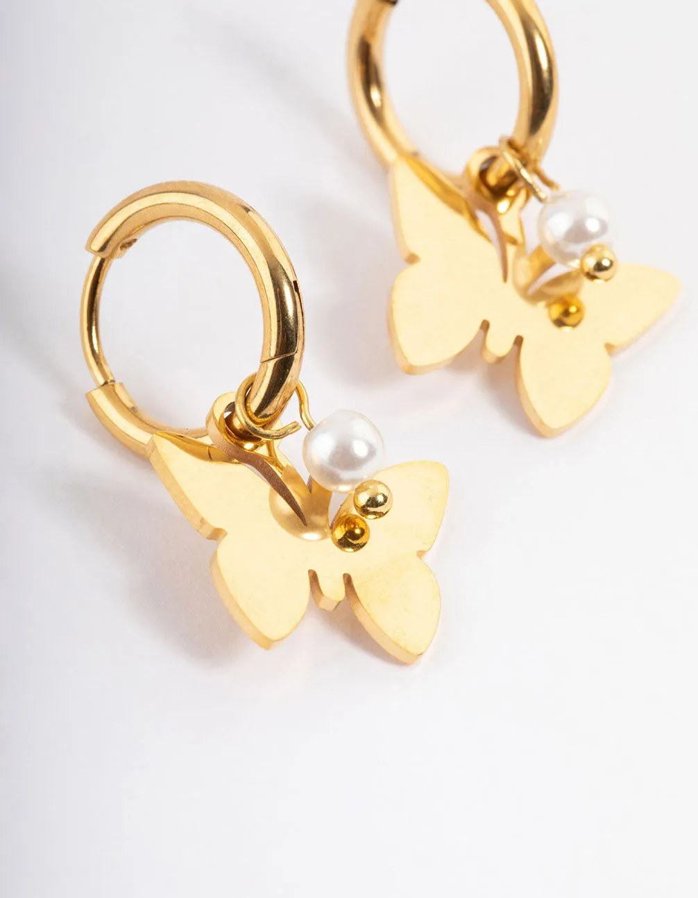 Gold Plated Stainless Steel Butterfly Pearl Huggie Earrings