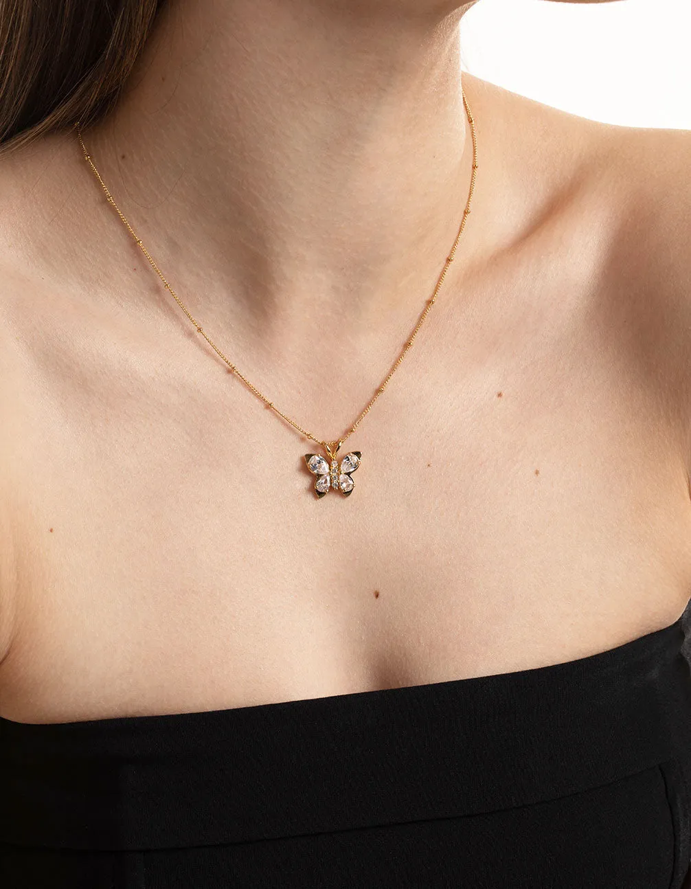 Gold Plated Stainless Steel Cubic Zirconia Butterfly Necklace