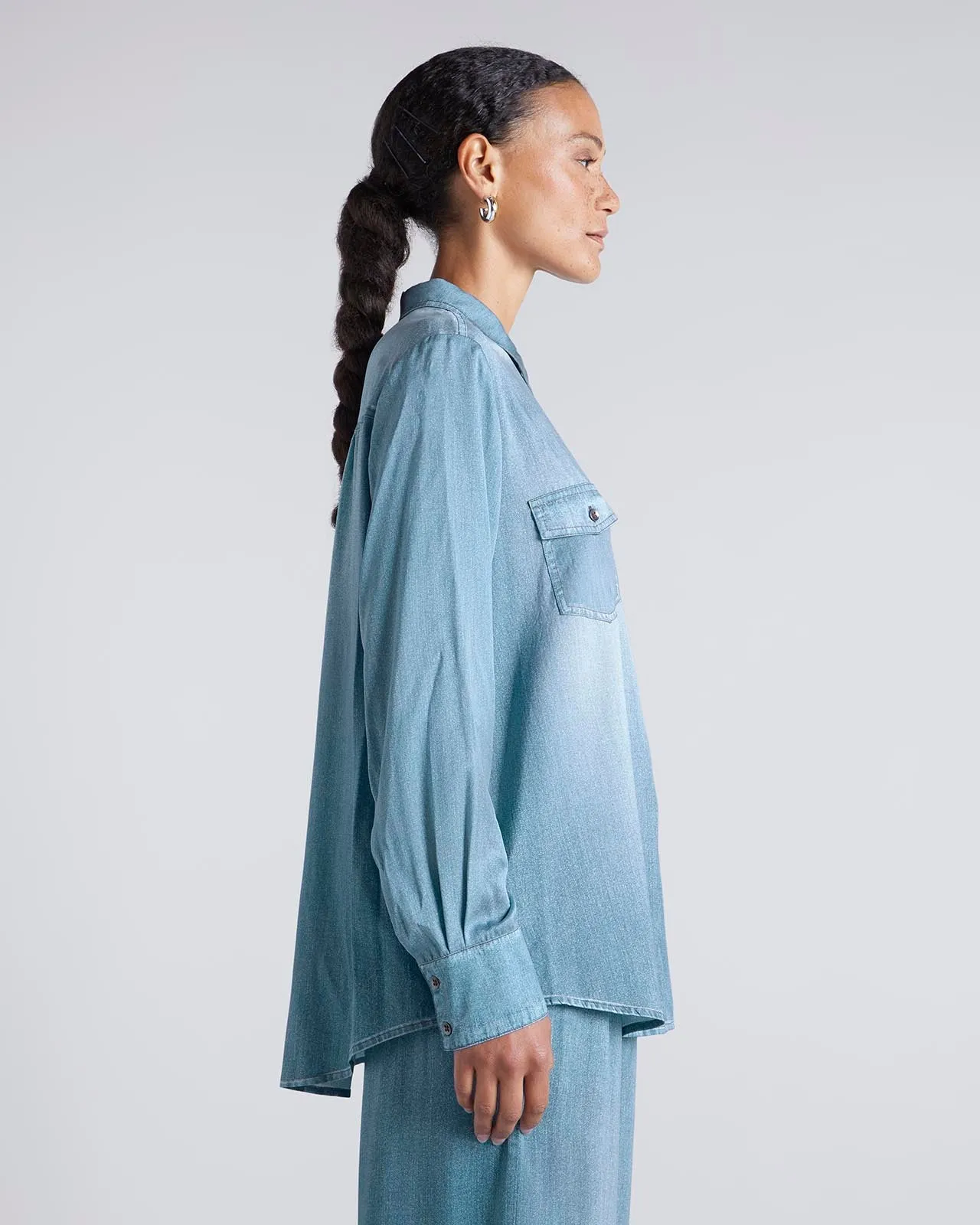 Kate Young x Splendid Silk Button-Down Denim-Print Shirt