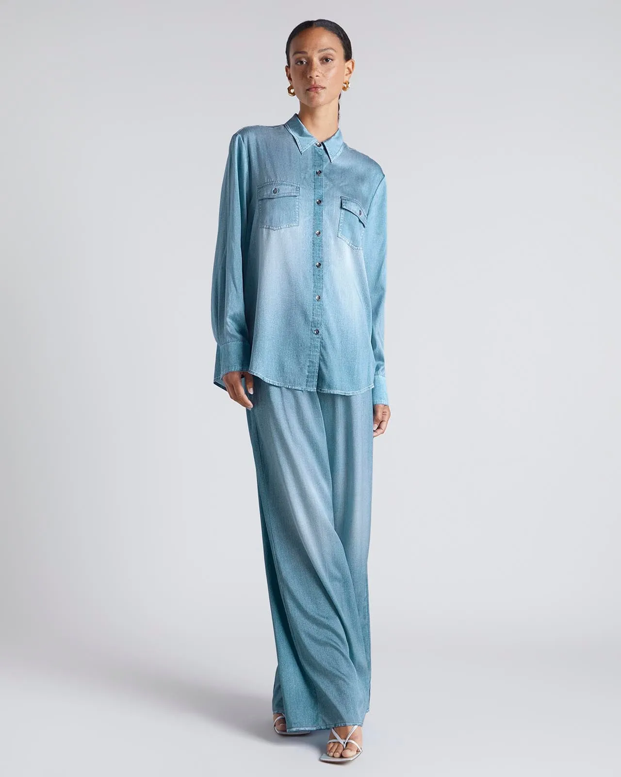 Kate Young x Splendid Silk Button-Down Denim-Print Shirt