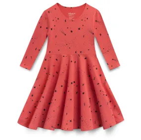 Kids Organic Cotton 3/4 Sleeve Twirl Dress: Coral Shooting Star