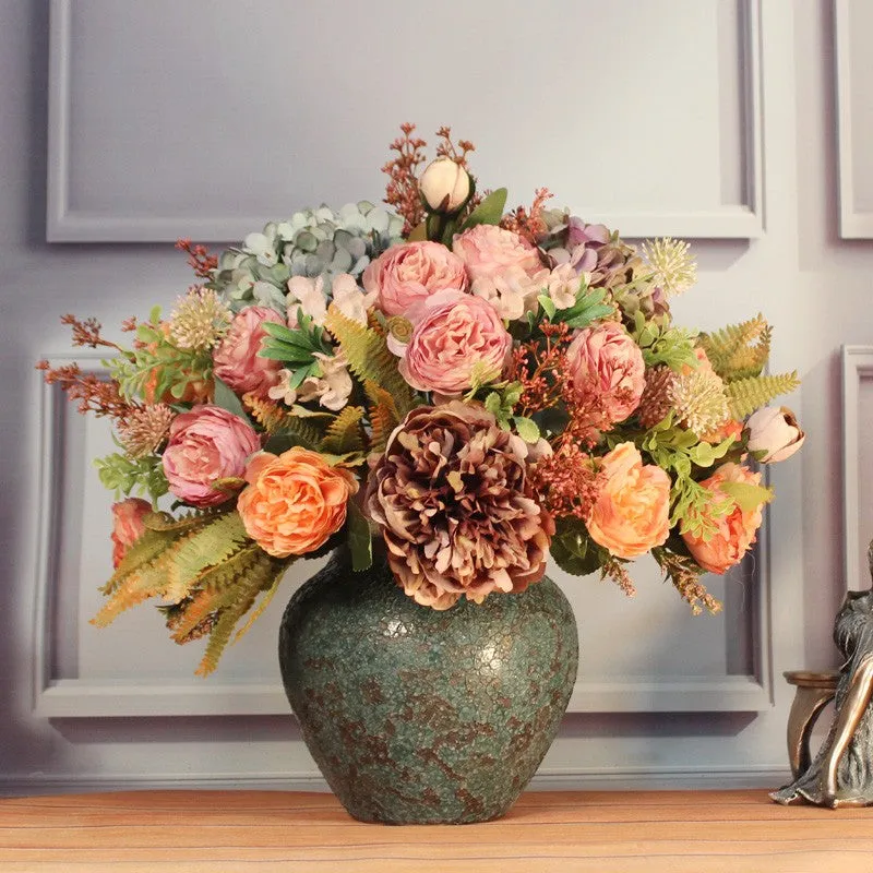 Large Bunch of Autumn Flowers Arrangement Interior Design, Unique Artificial Floral Arrangement for Dining Room, Peony Faux Silk Floral Bouquet Table Centerpiece