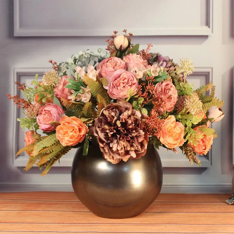 Large Bunch of Autumn Flowers Arrangement Interior Design, Unique Artificial Floral Arrangement for Dining Room, Peony Faux Silk Floral Bouquet Table Centerpiece