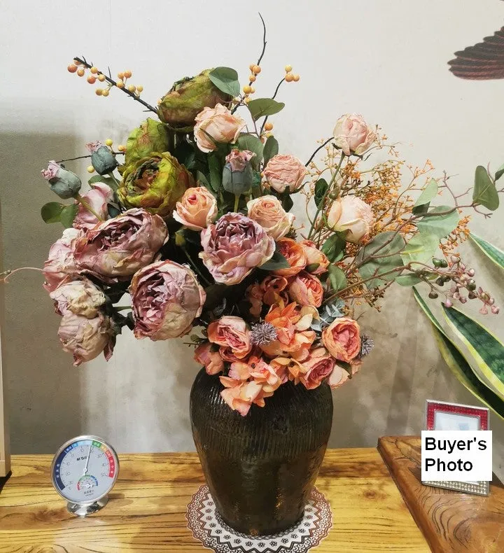 Large Faux Silk Floral Bouquet, Beautiful Peony Rose Flowers Arrangement Interior Design, Modern Artificial Floral Arrangement for Living Room