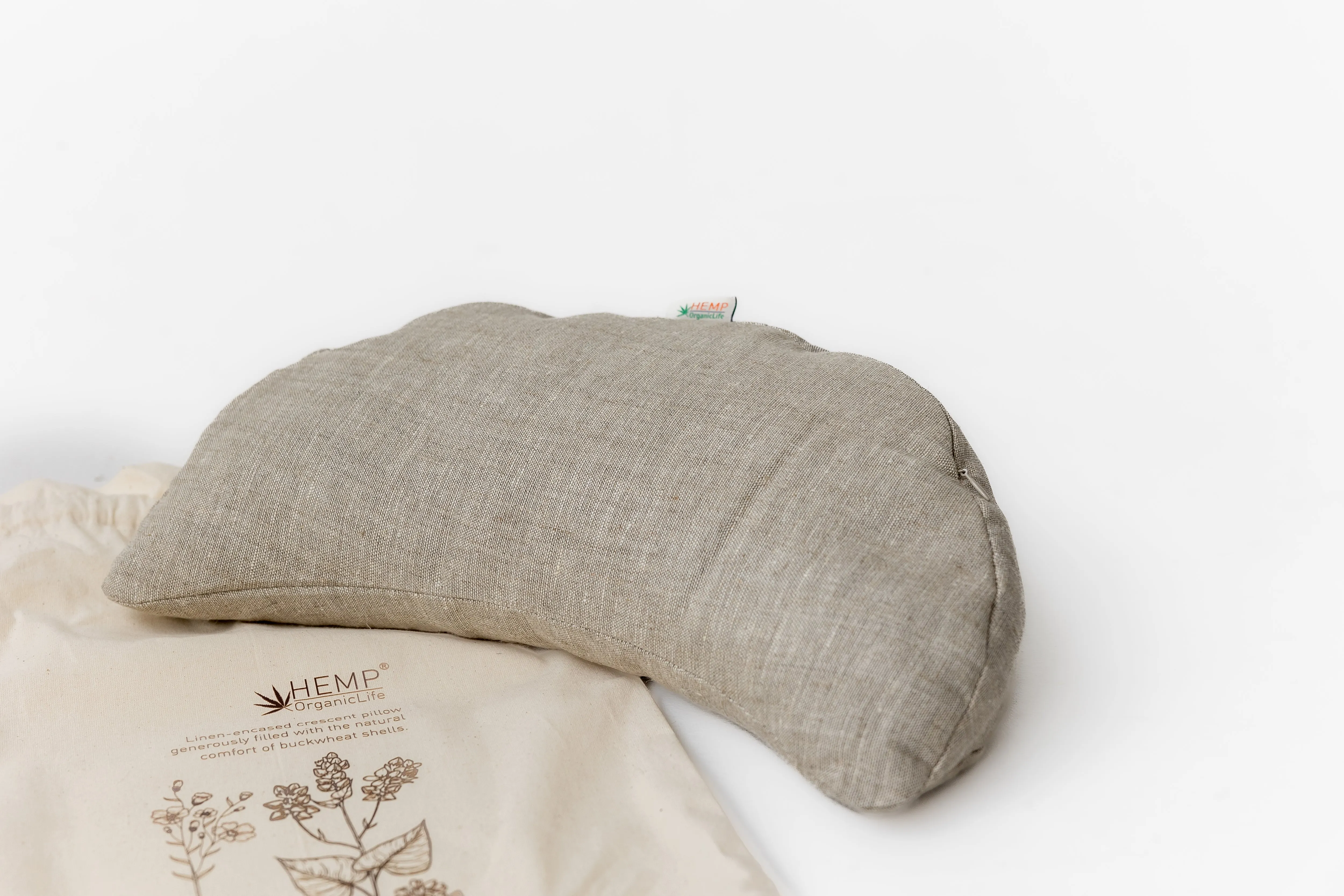 Linen-encased Crescent Pillow generously filled with the natural comfort of Buckwheat Shells   Gift Bag / meditation cushion Christmas gift