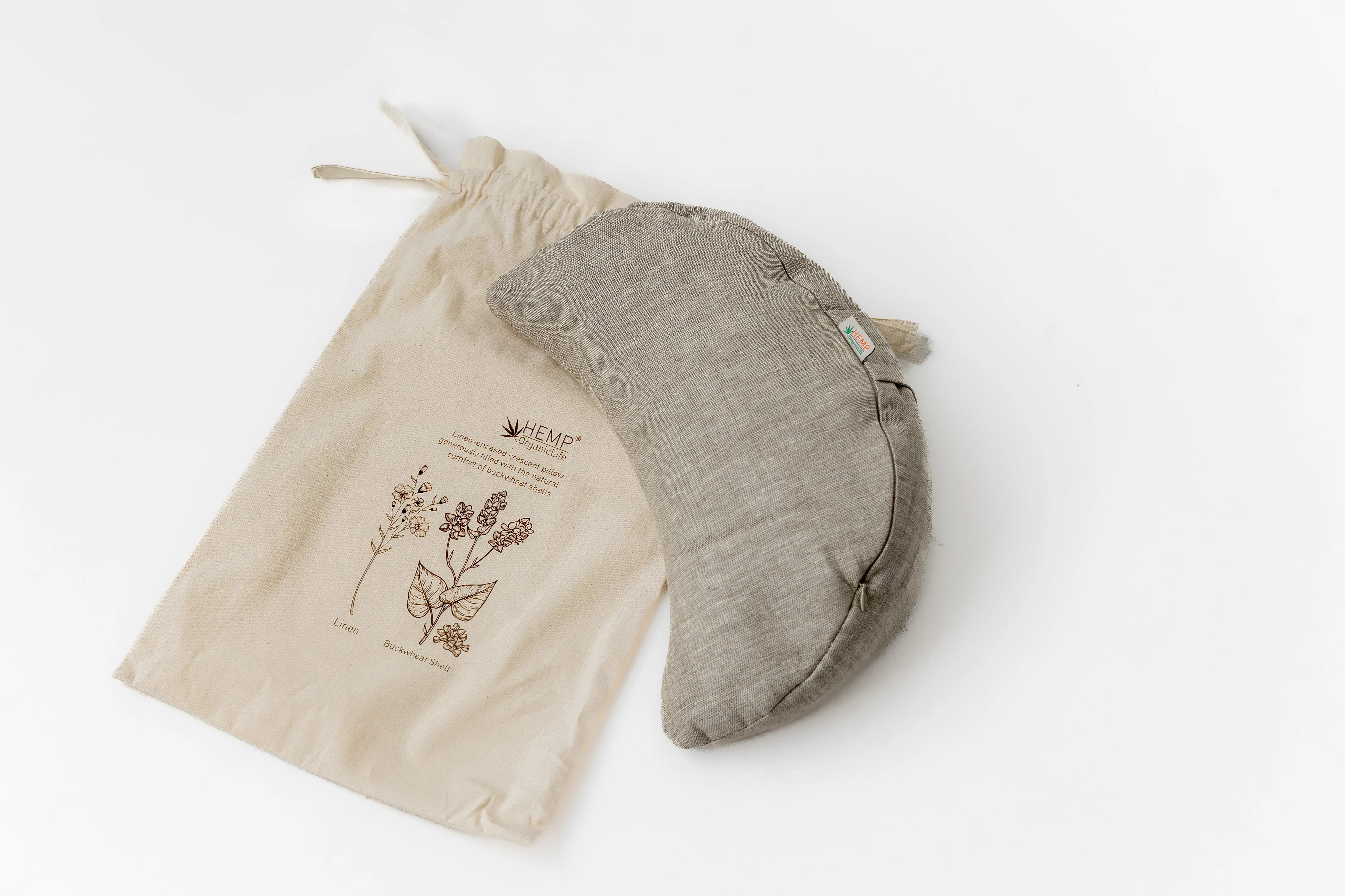 Linen-encased Crescent Pillow generously filled with the natural comfort of Buckwheat Shells   Gift Bag / meditation cushion Christmas gift