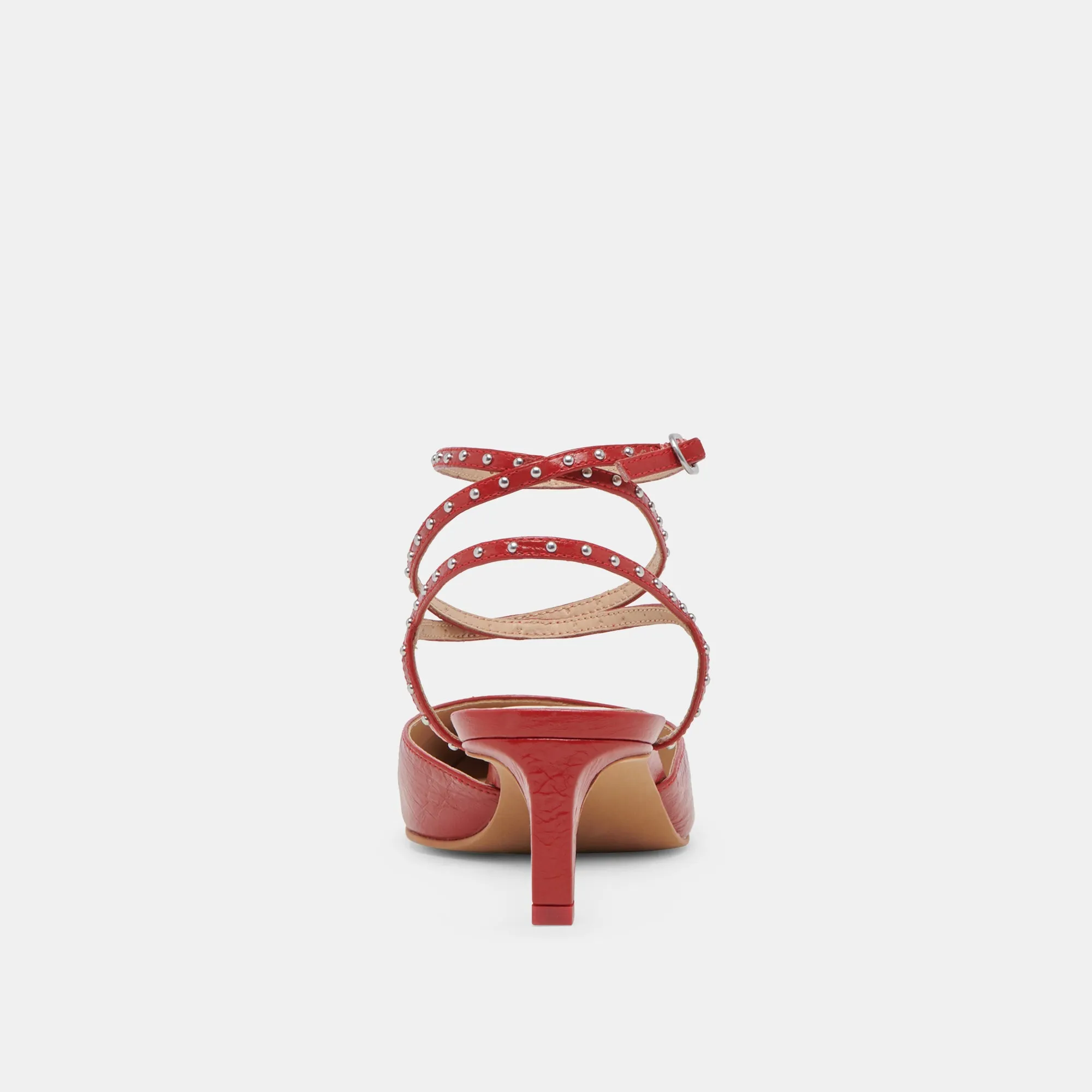 LOKLYN STUD HEELS RED CRINKLE PATENT