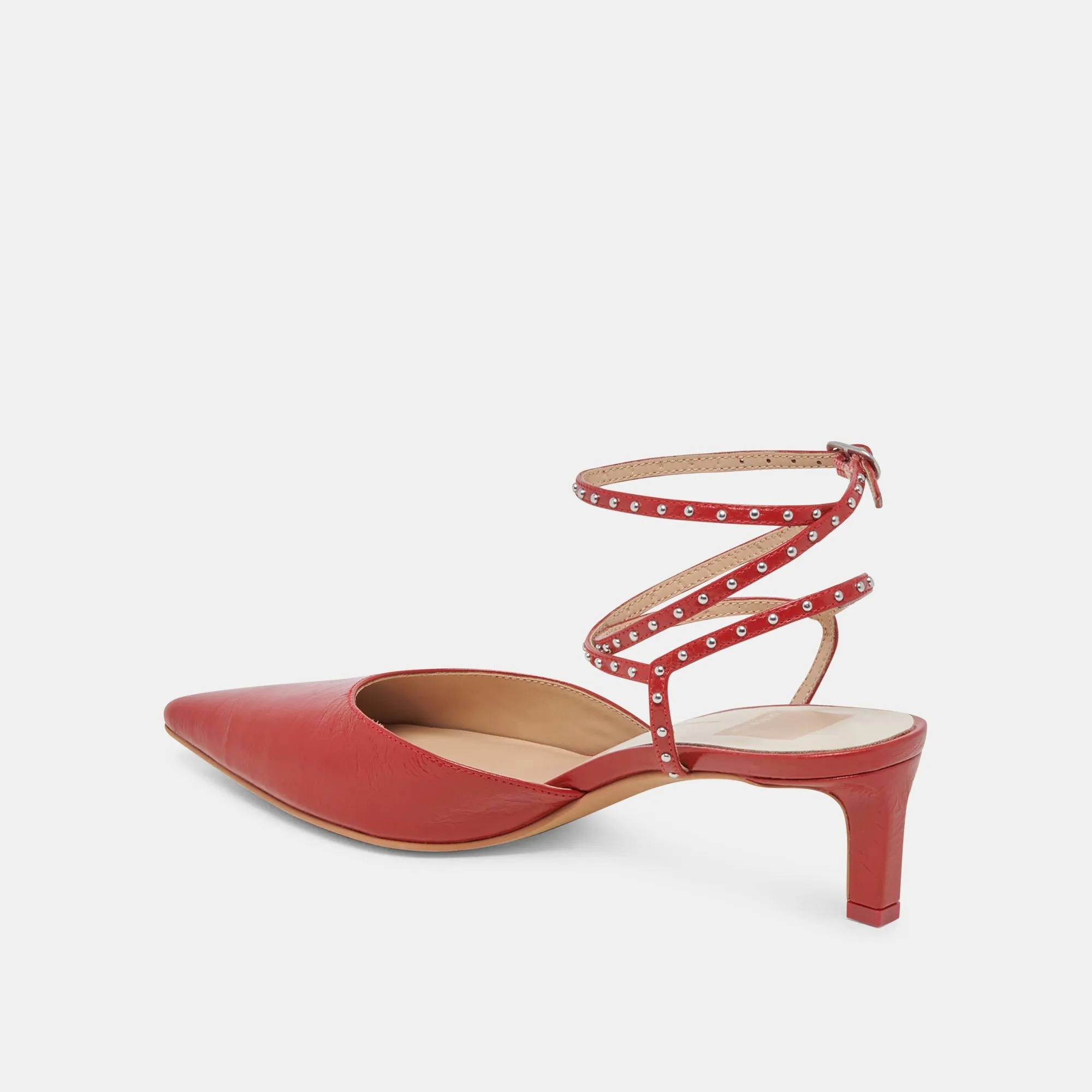 LOKLYN STUD HEELS RED CRINKLE PATENT