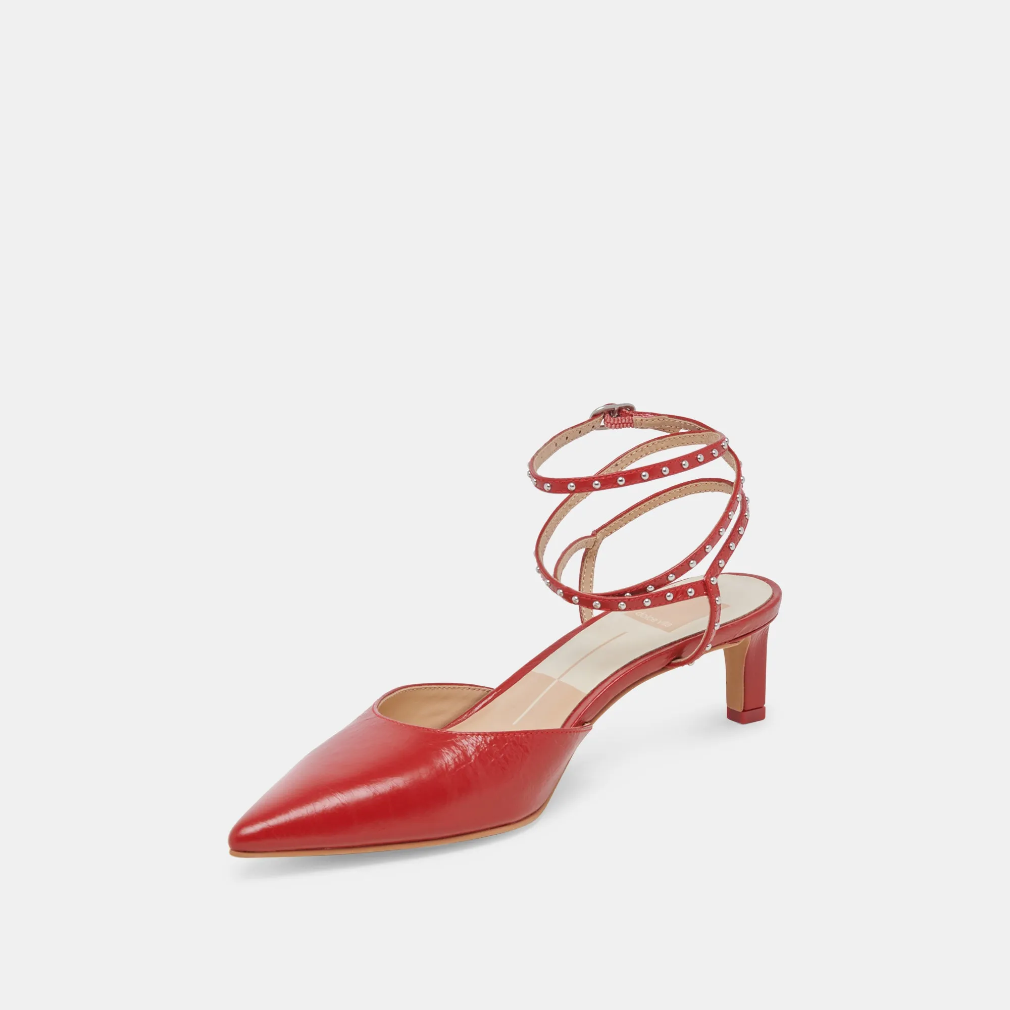 LOKLYN STUD HEELS RED CRINKLE PATENT