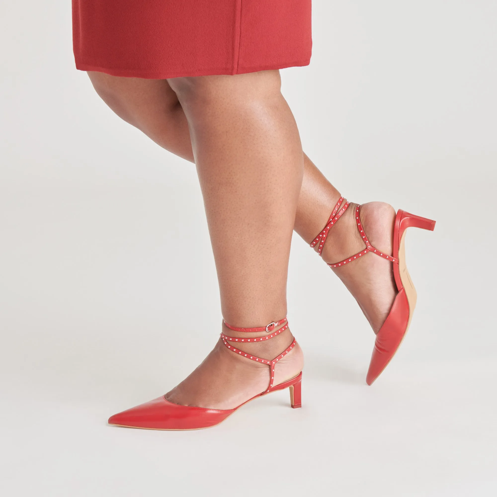 LOKLYN STUD HEELS RED CRINKLE PATENT