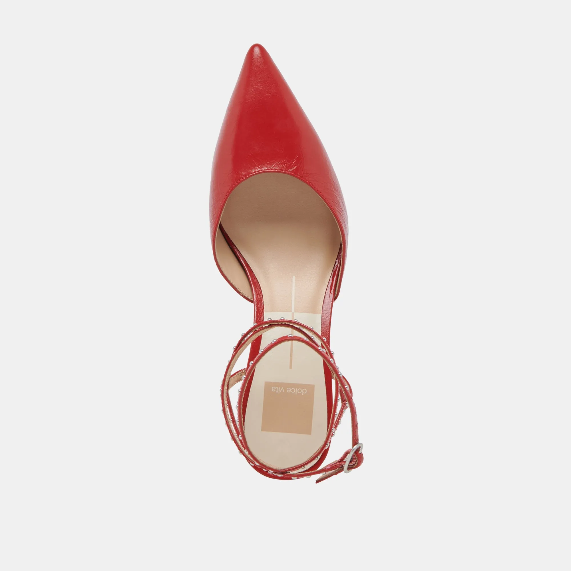 LOKLYN STUD HEELS RED CRINKLE PATENT