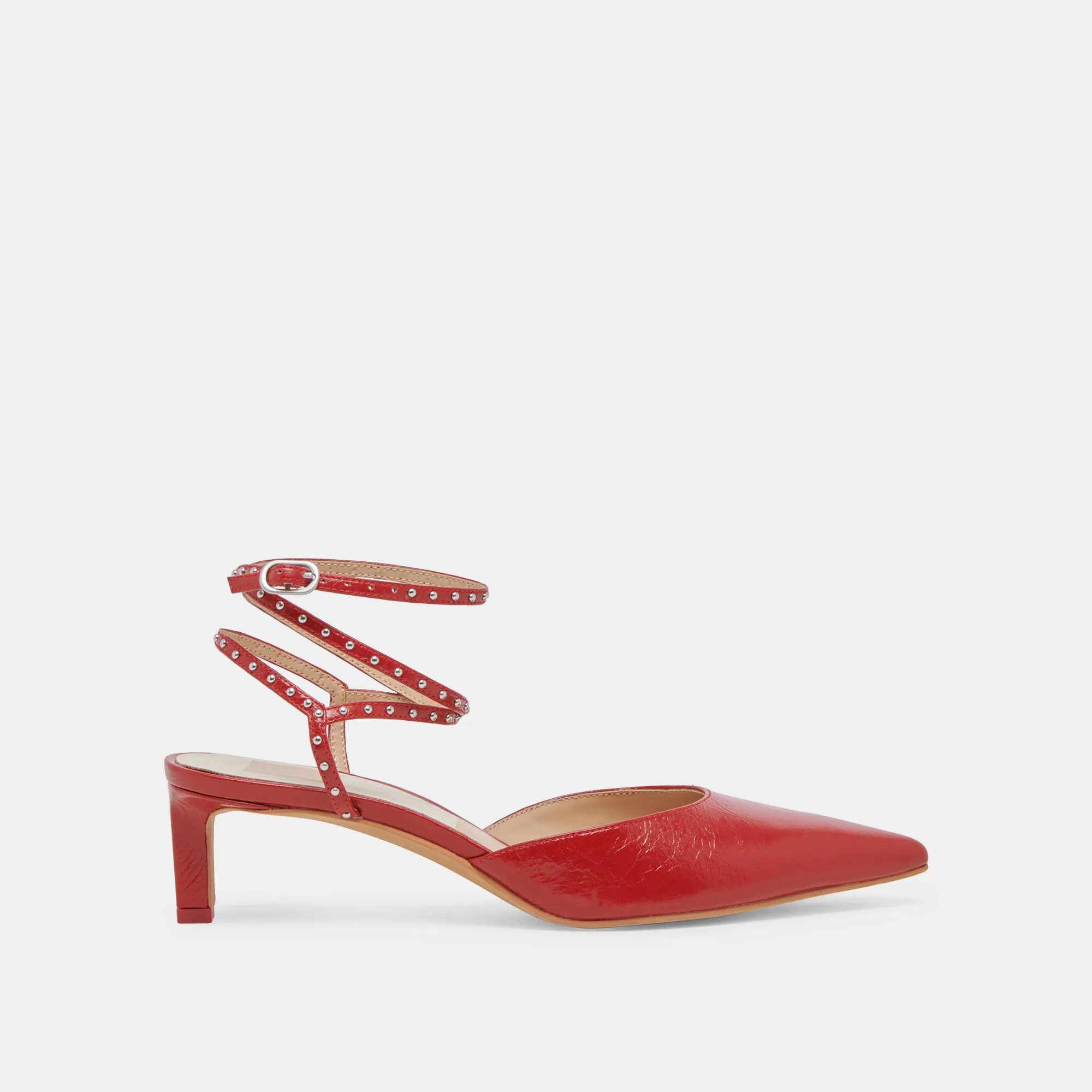 LOKLYN STUD HEELS RED CRINKLE PATENT