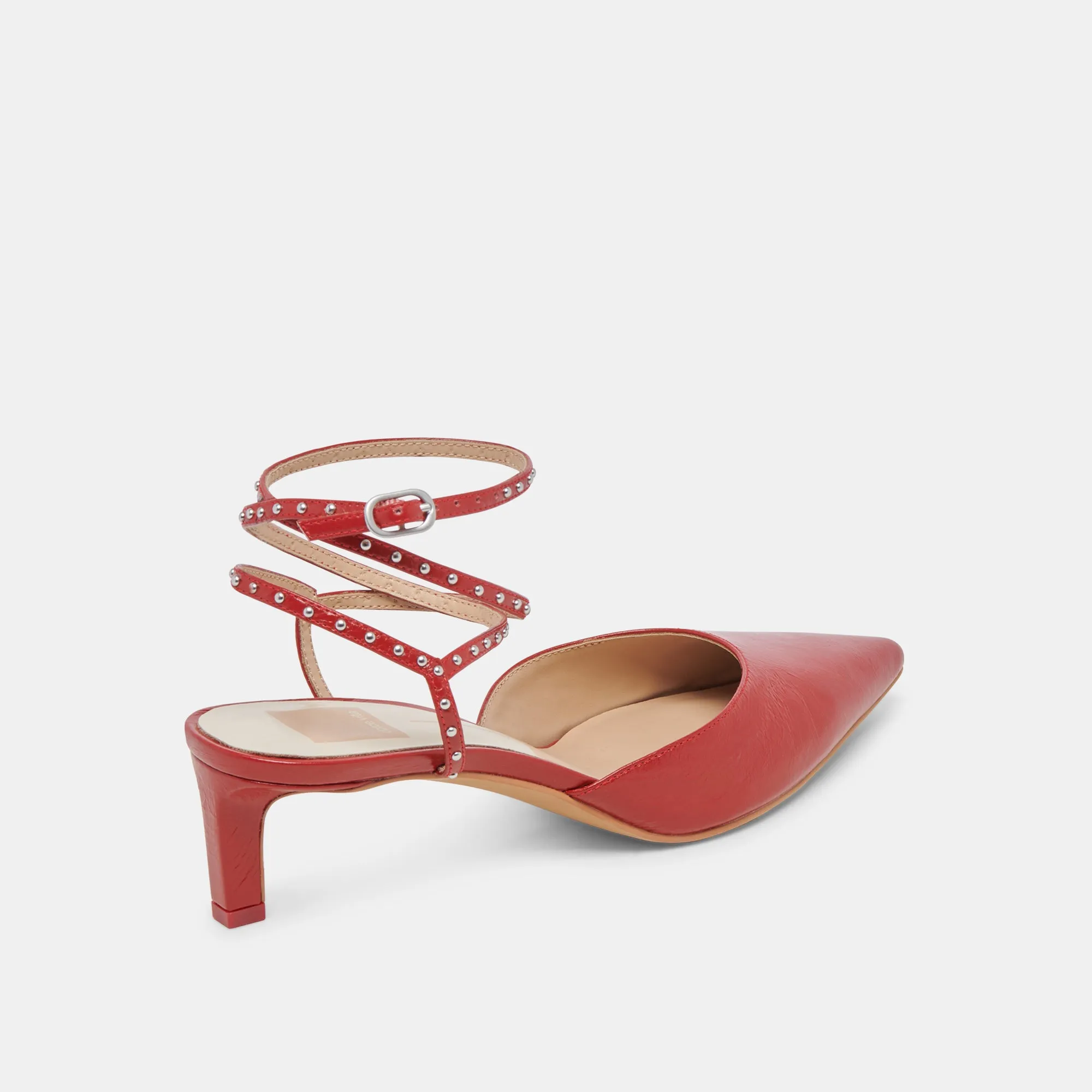 LOKLYN STUD HEELS RED CRINKLE PATENT