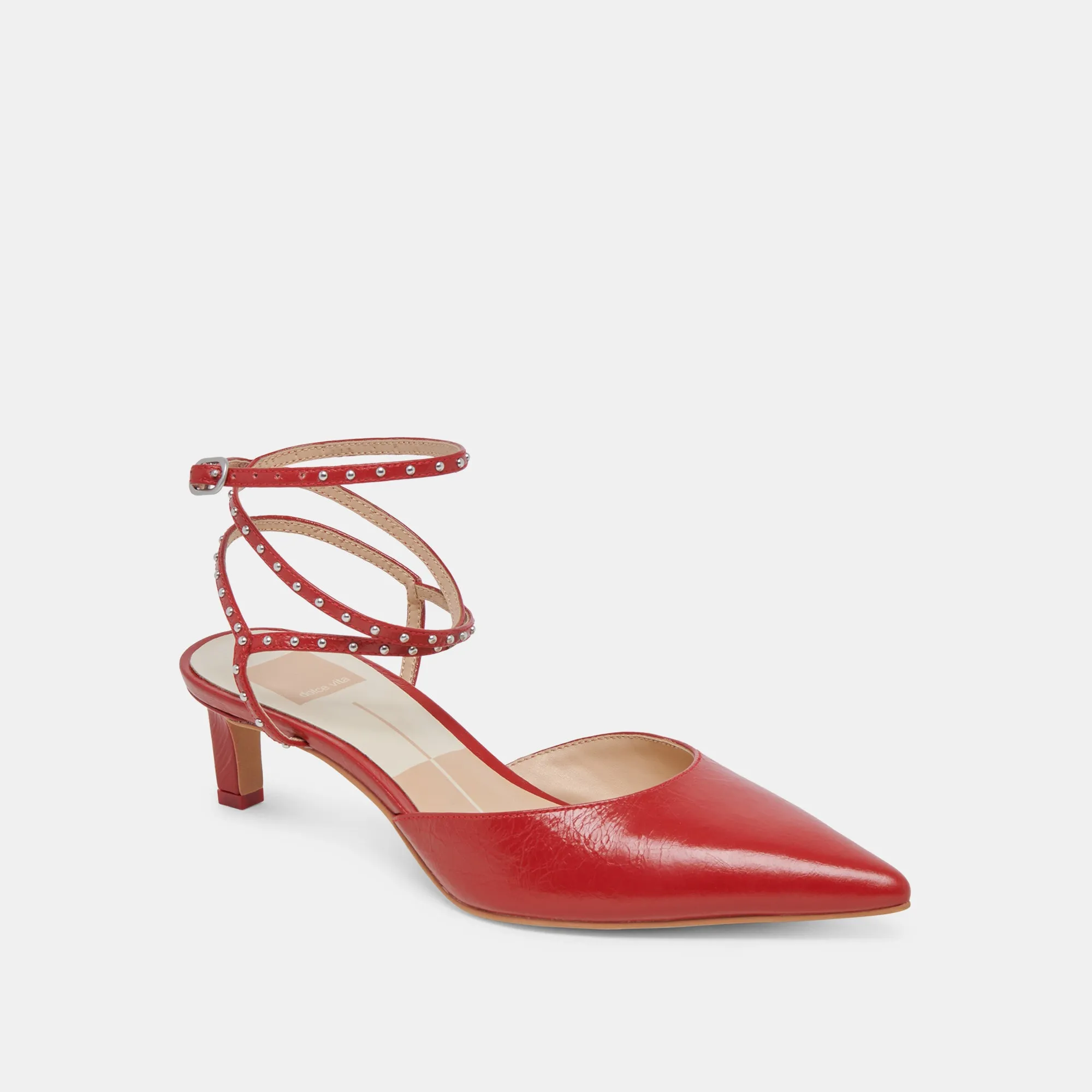 LOKLYN STUD HEELS RED CRINKLE PATENT