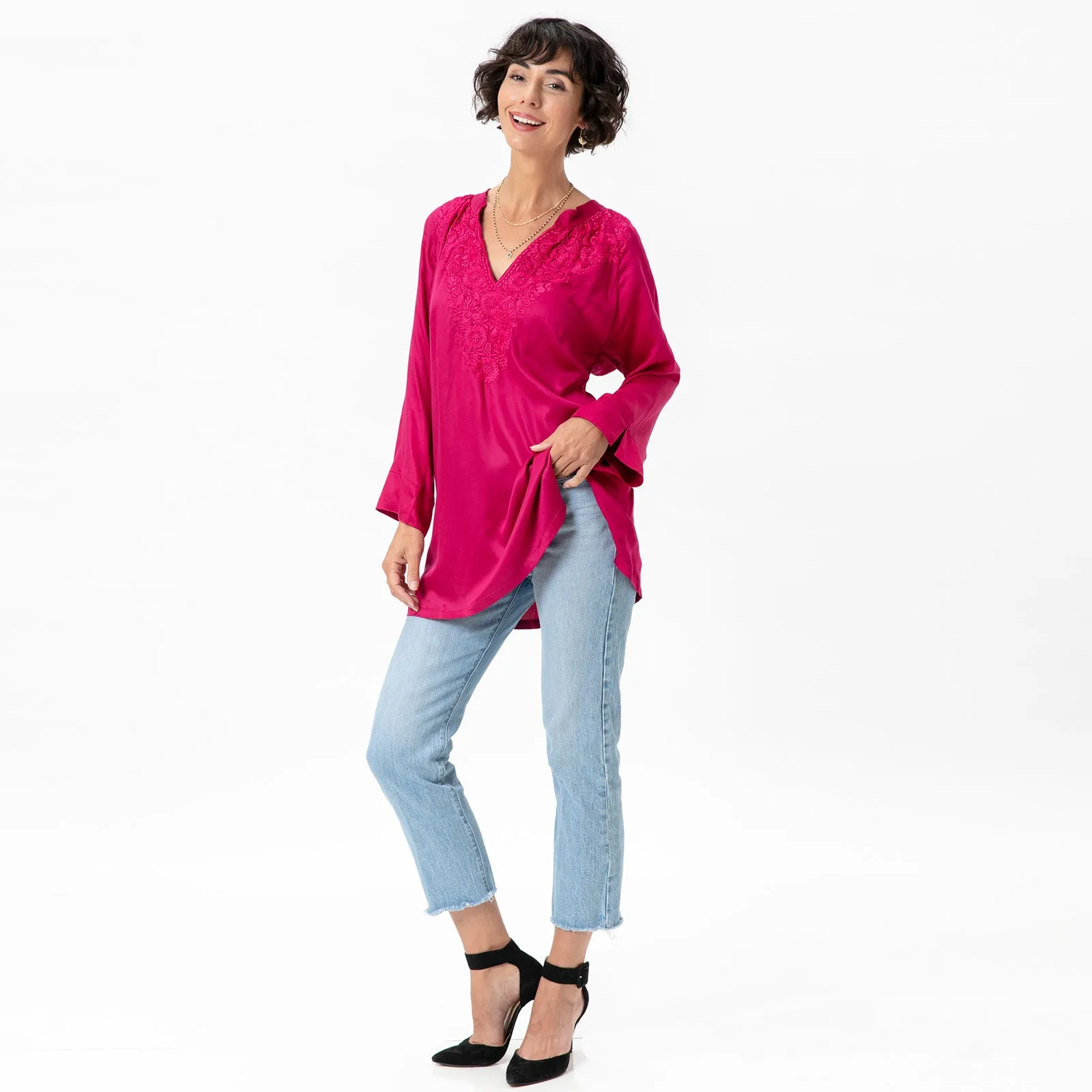 Magenta Embroidered Satin Tunic