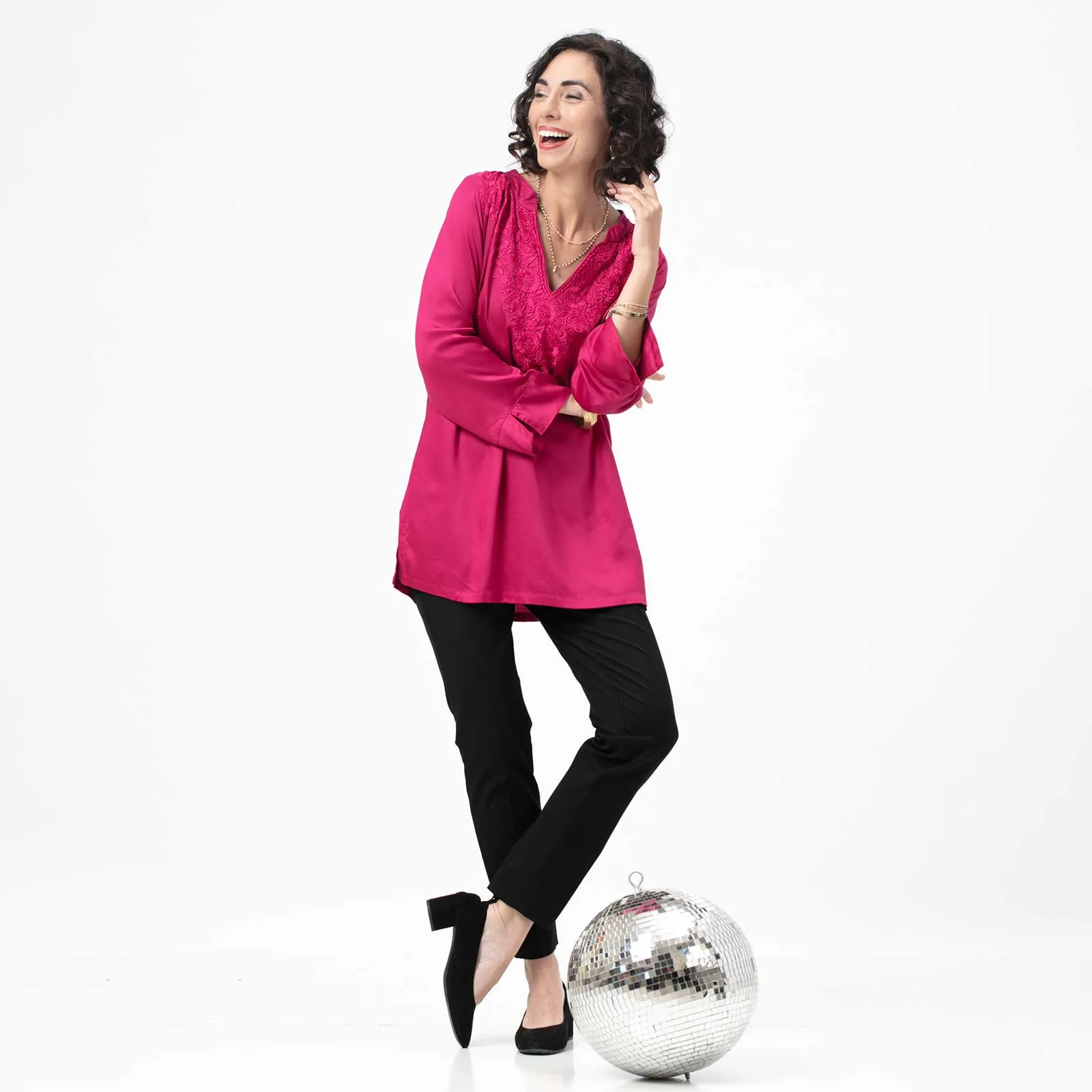 Magenta Embroidered Satin Tunic