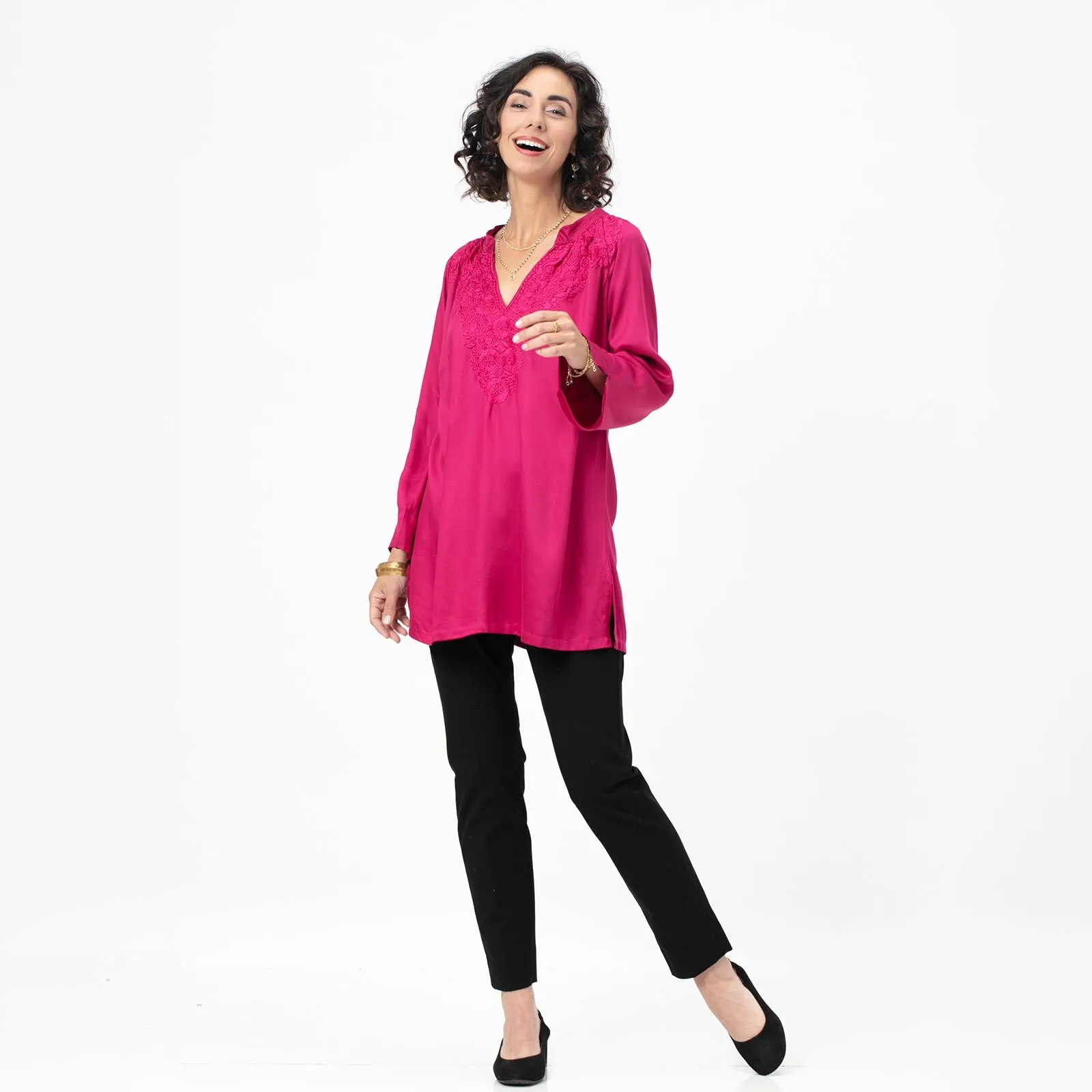 Magenta Embroidered Satin Tunic