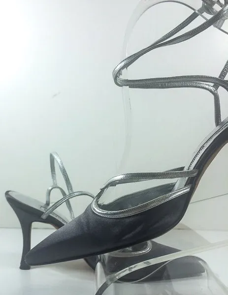 MANOLO BLAHNIK Gunmetal Satin and Metallic Silver Strappy Stilettos Size 37 1/2