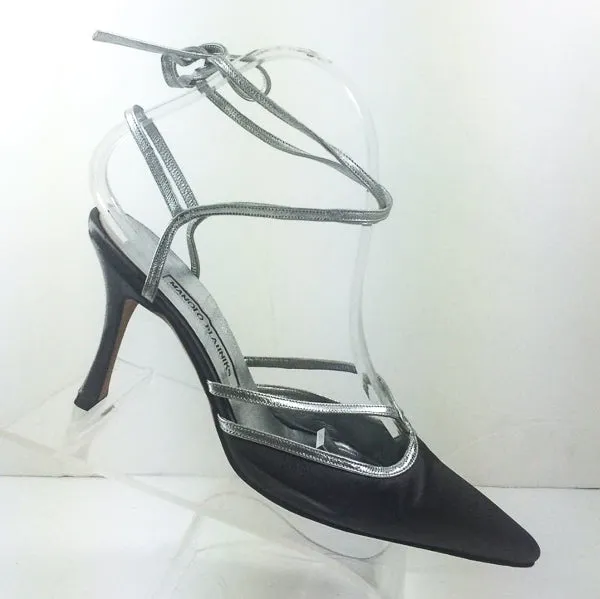 MANOLO BLAHNIK Gunmetal Satin and Metallic Silver Strappy Stilettos Size 37 1/2