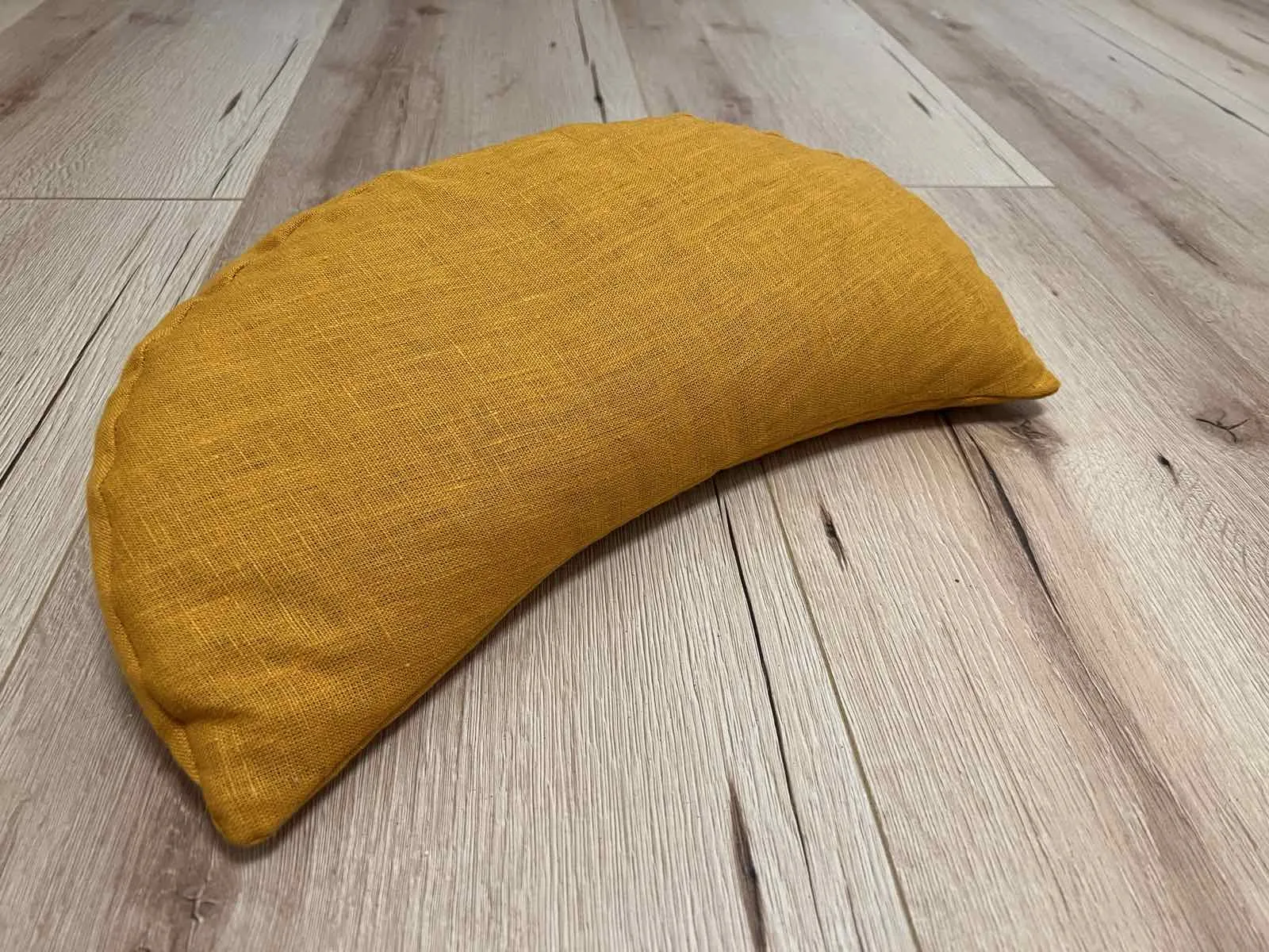 Mustard linen meditation Cresсent cushion filled with buckwheat hulls Yoga support pillow