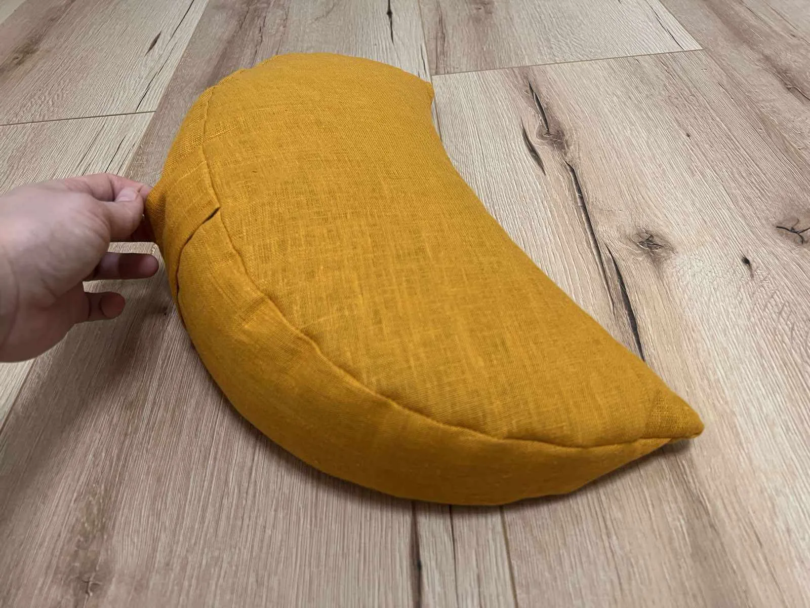 Mustard linen meditation Cresсent cushion filled with buckwheat hulls Yoga support pillow