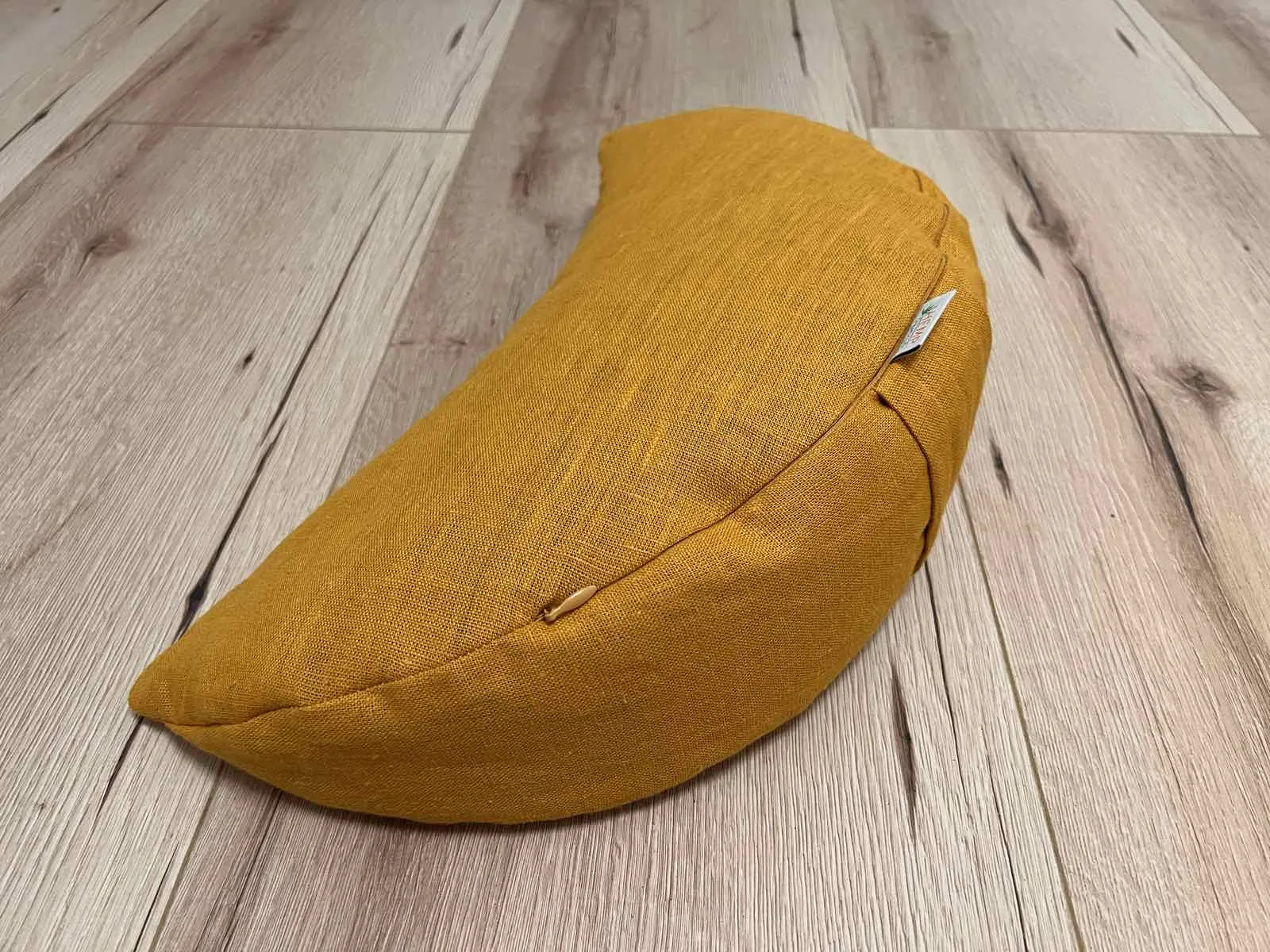 Mustard linen meditation Cresсent cushion filled with buckwheat hulls Yoga support pillow