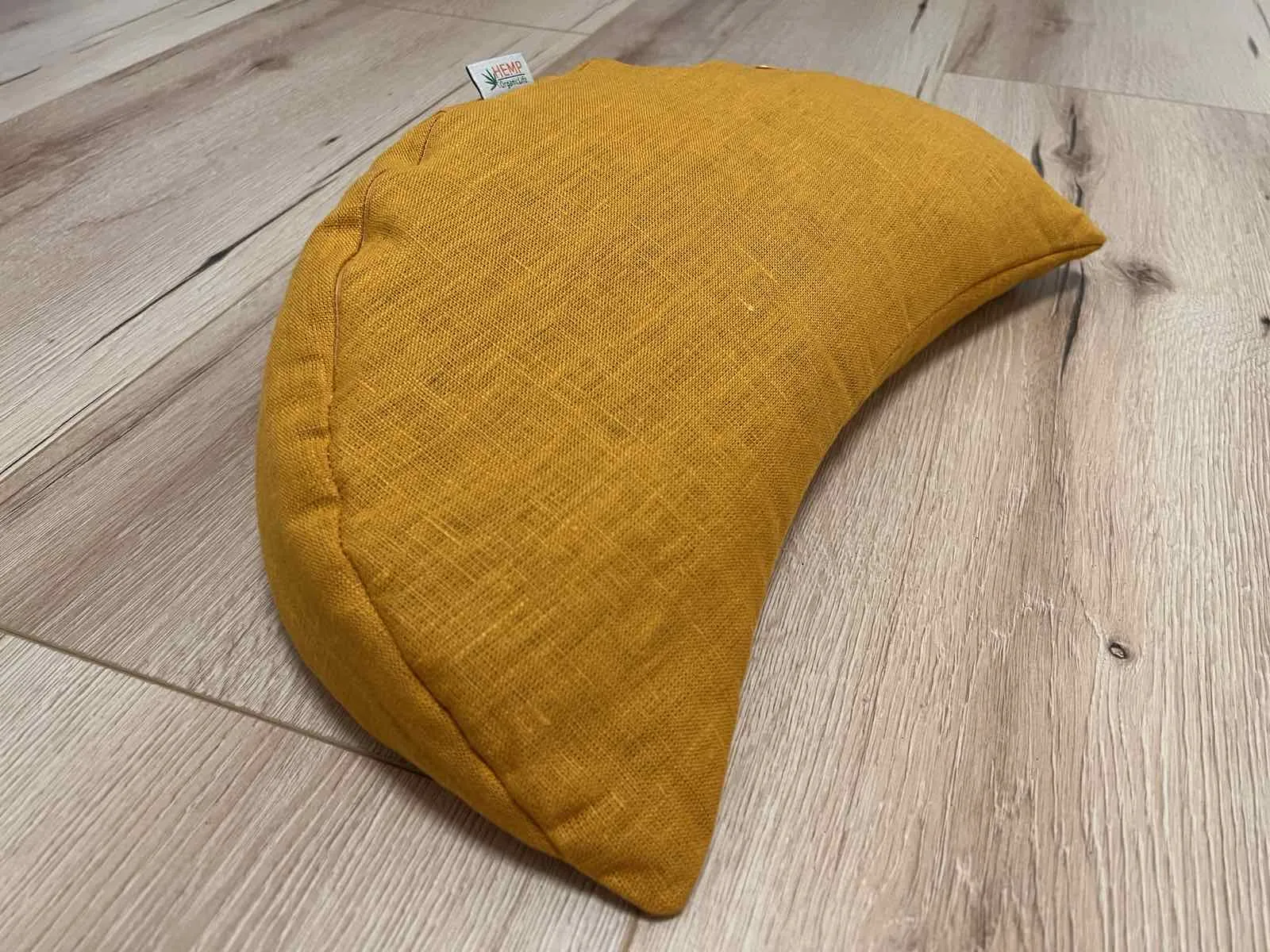 Mustard linen meditation Cresсent cushion filled with buckwheat hulls Yoga support pillow