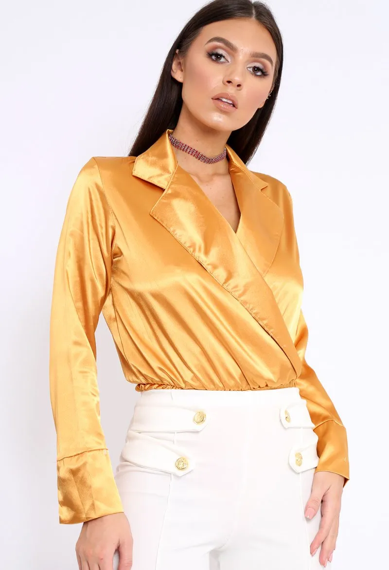 Mustard Plunge Satin Bodysuit - Rebeka