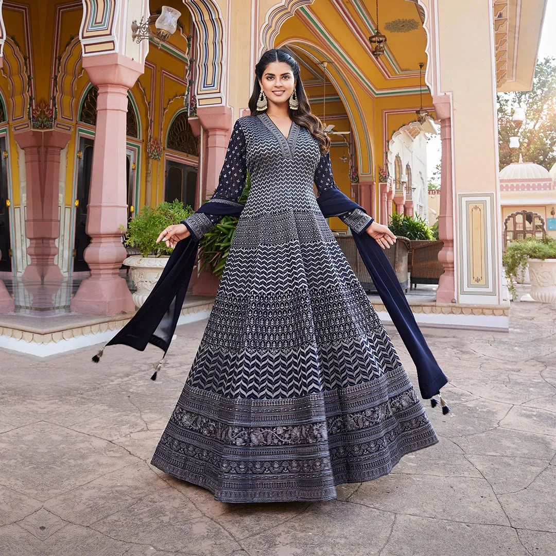 Navy Zig Zag Printed Long Anarkali Gown