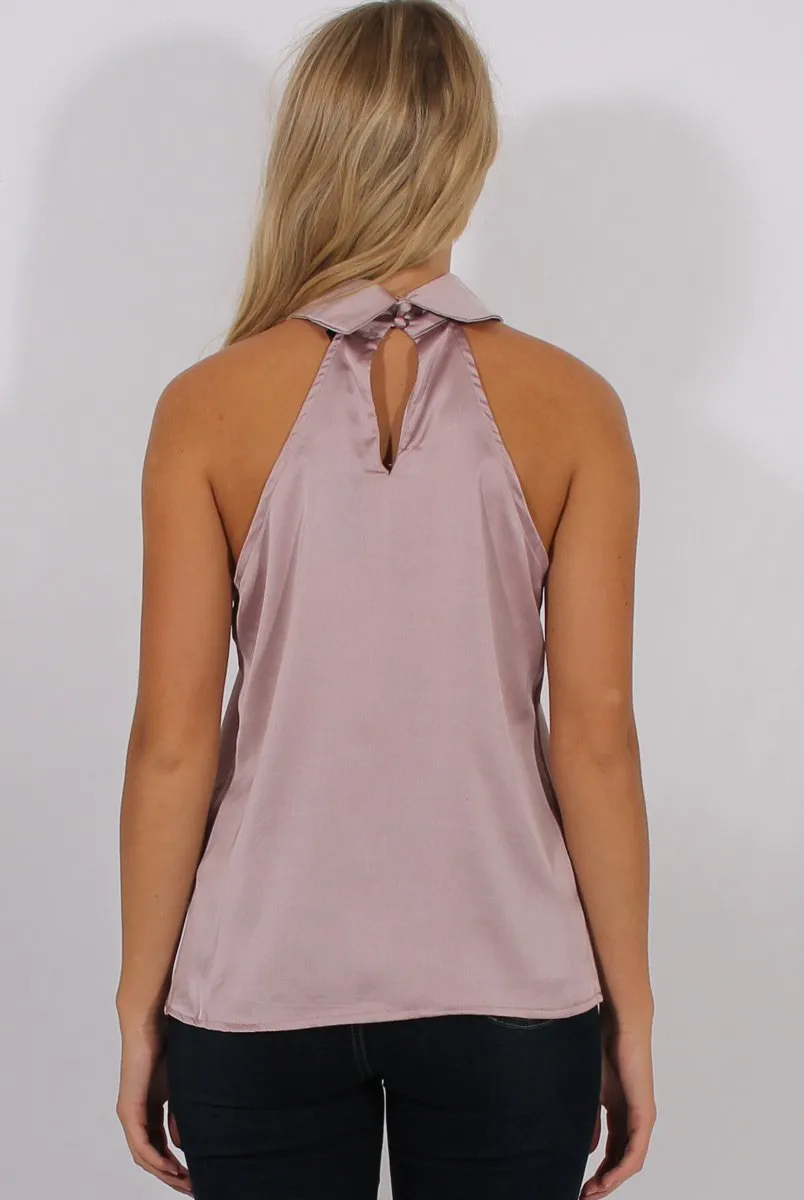 Nude Pink Satin Dipped Hem Collar Top - Davina