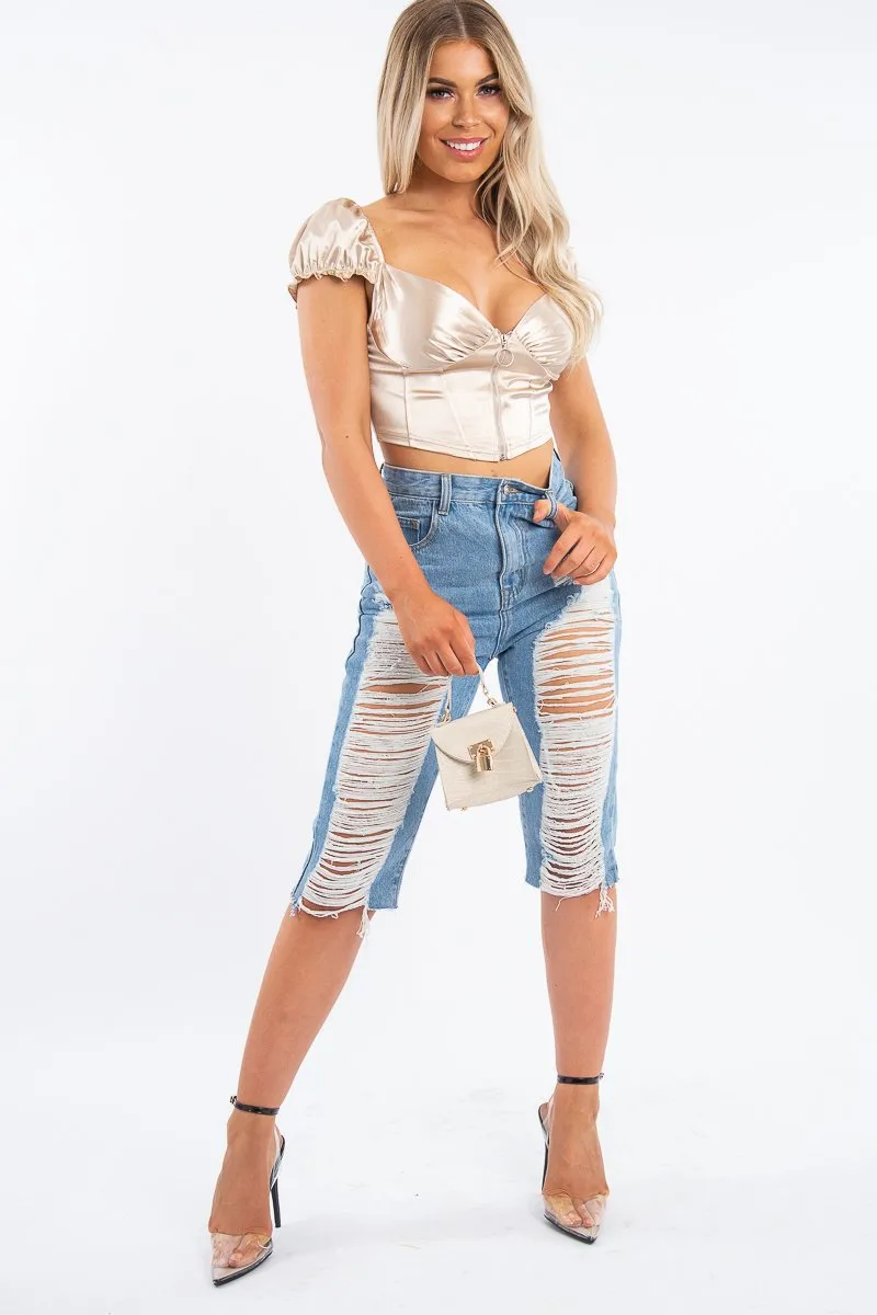 Nude Satin Milkmaid Ring Zip Crop Top - Aariel