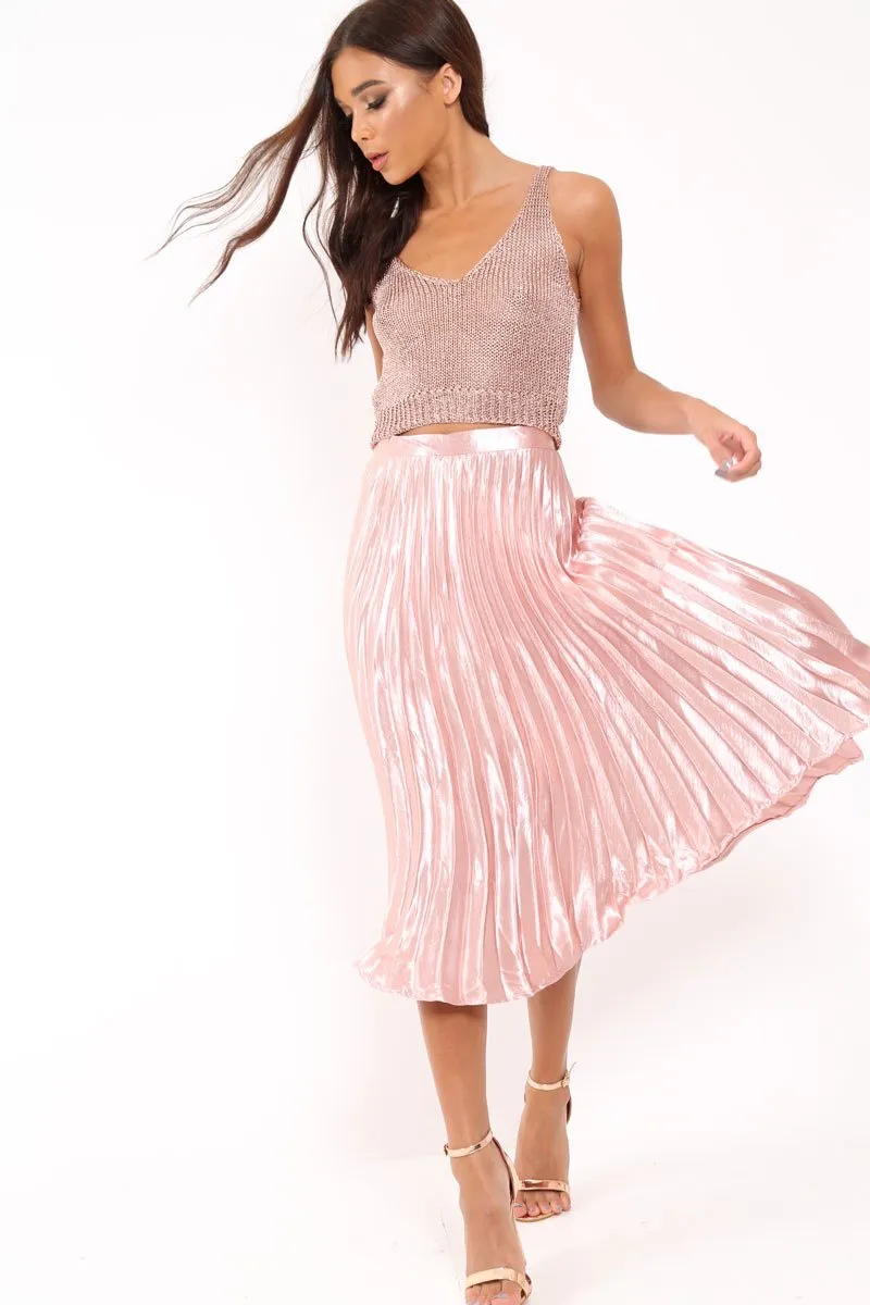 Nude Satin Pleated Midi Skirt - Kelyn