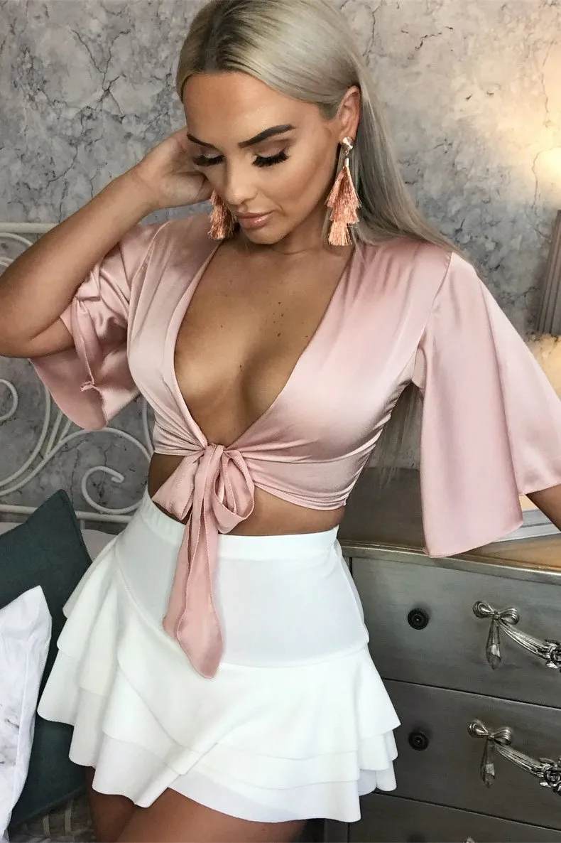 Nude Satin Tie Crop Top - Alara