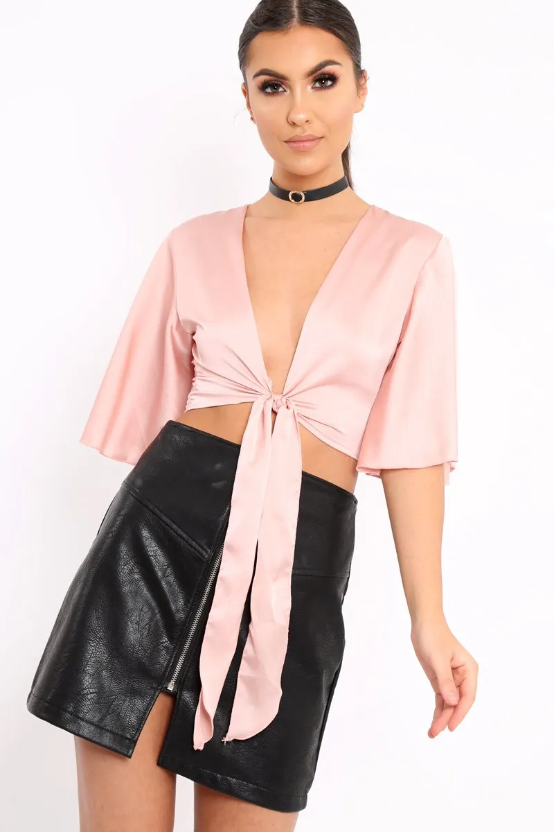 Nude Satin Tie Crop Top - Alara