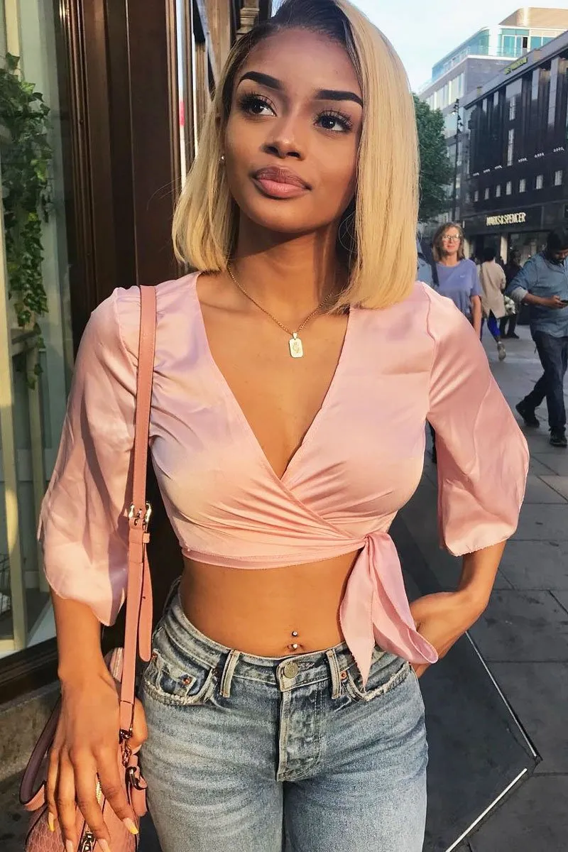 Nude Satin Tie Crop Top - Alara