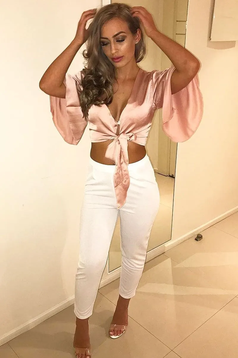 Nude Satin Tie Crop Top - Alara