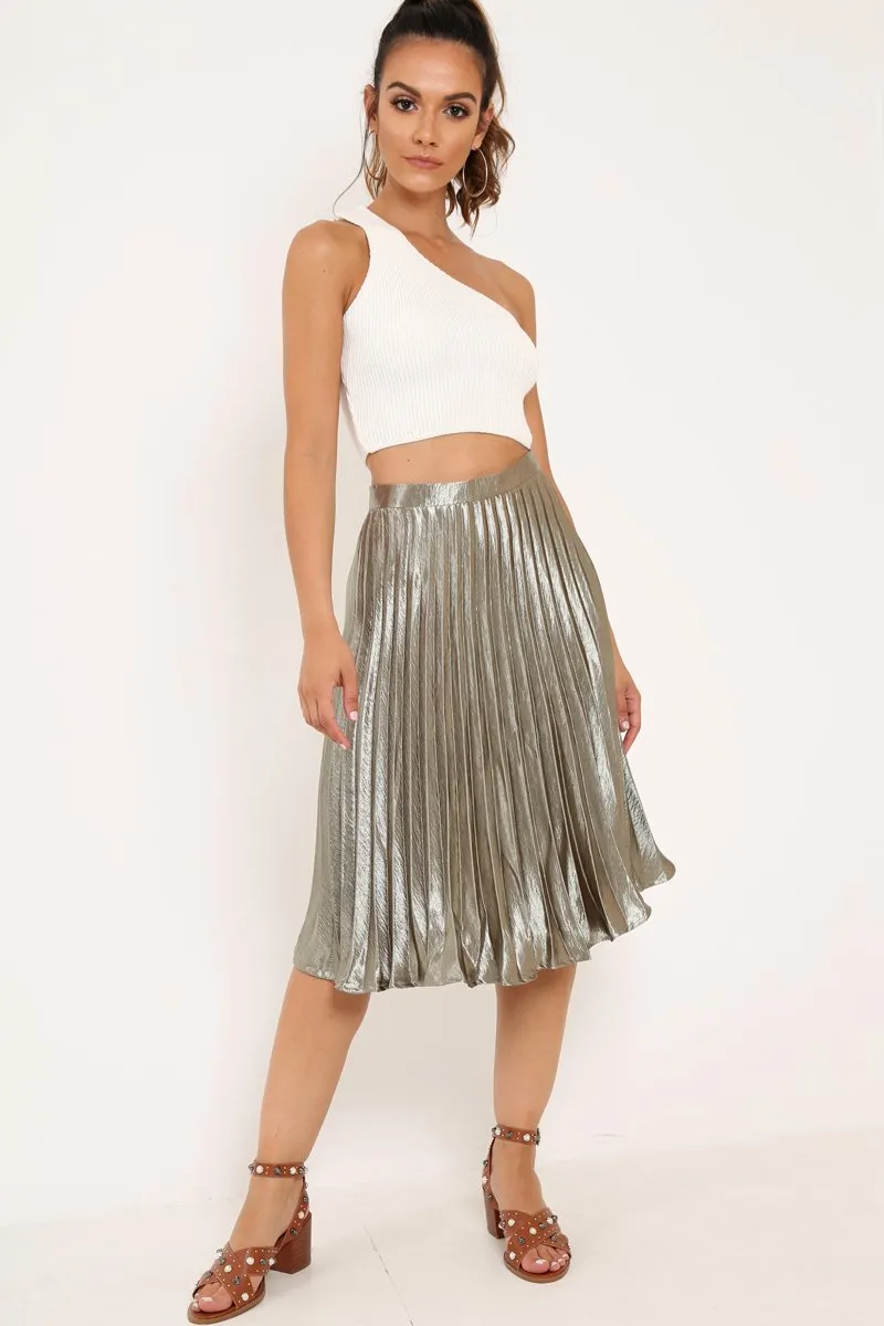 Olive Satin Pleated Midi Skirt - Kelyn