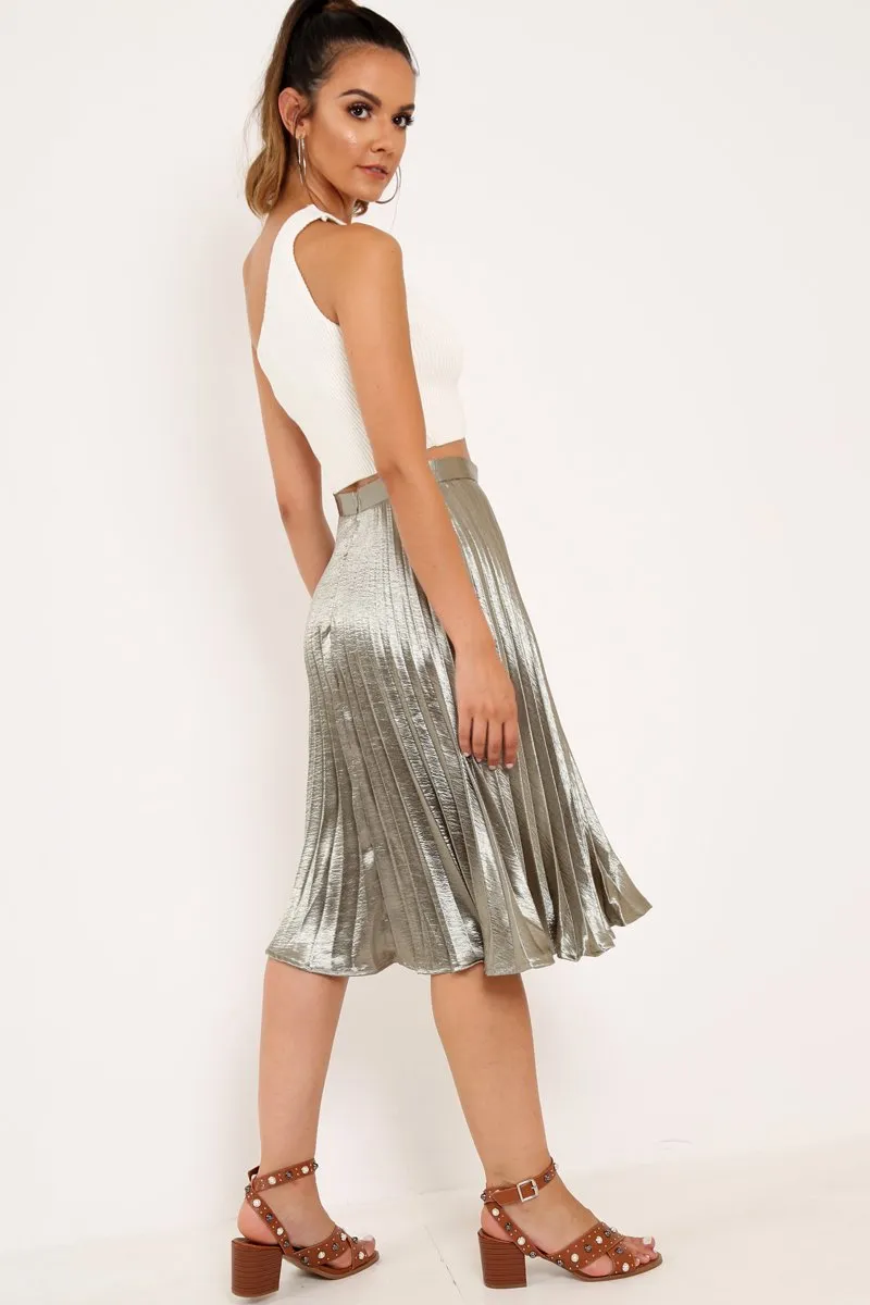 Olive Satin Pleated Midi Skirt - Kelyn