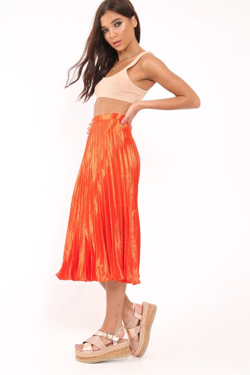 Orange Satin Pleated Midi Skirt - Kelyn