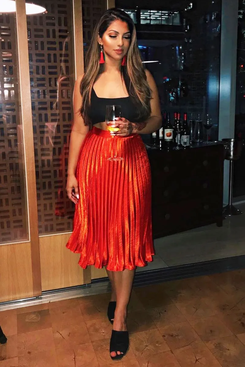 Orange Satin Pleated Midi Skirt - Kelyn