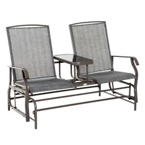 Outsunny Outdoor Glider Bench with Center Table, Metal Frame Patio Loveseat with Breathable Mesh Fabric and Armrests for Backyard Garden Porch, Gray