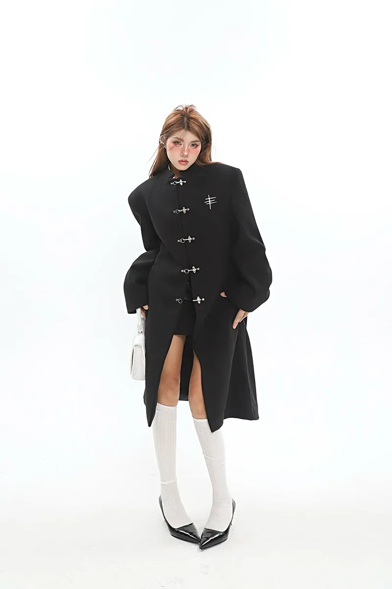 Oversized Boxy Faux-Wool Coat with Silver Clasp Buckles