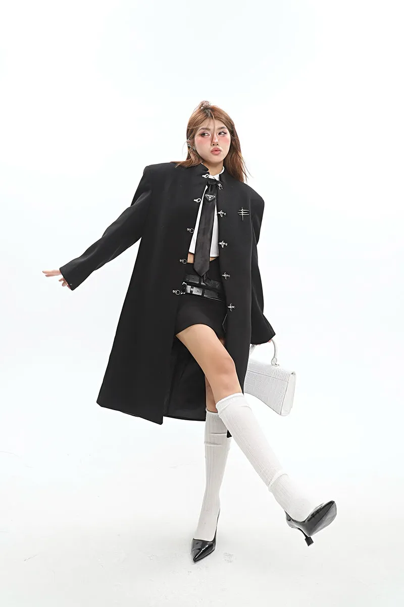 Oversized Boxy Faux-Wool Coat with Silver Clasp Buckles