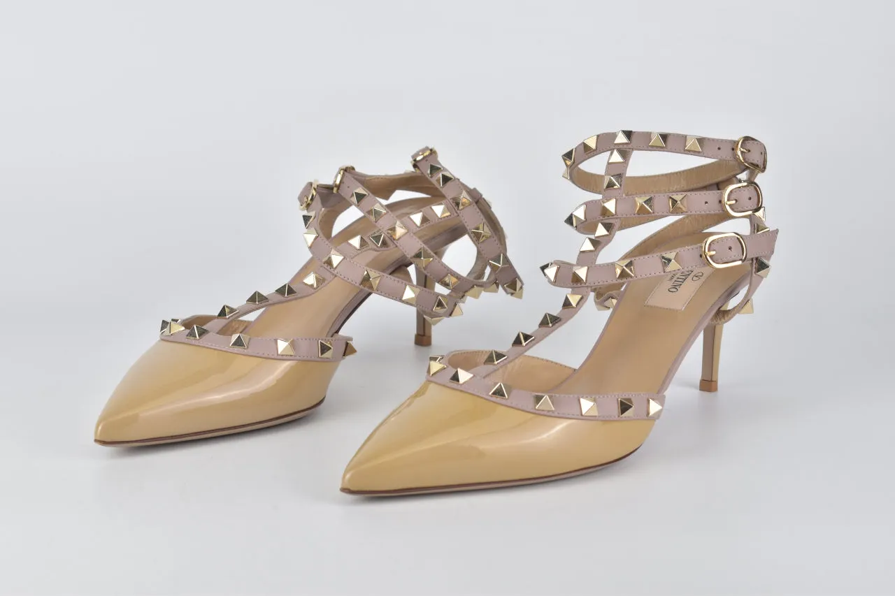 Patent Rockstud Caged Heels in Nude