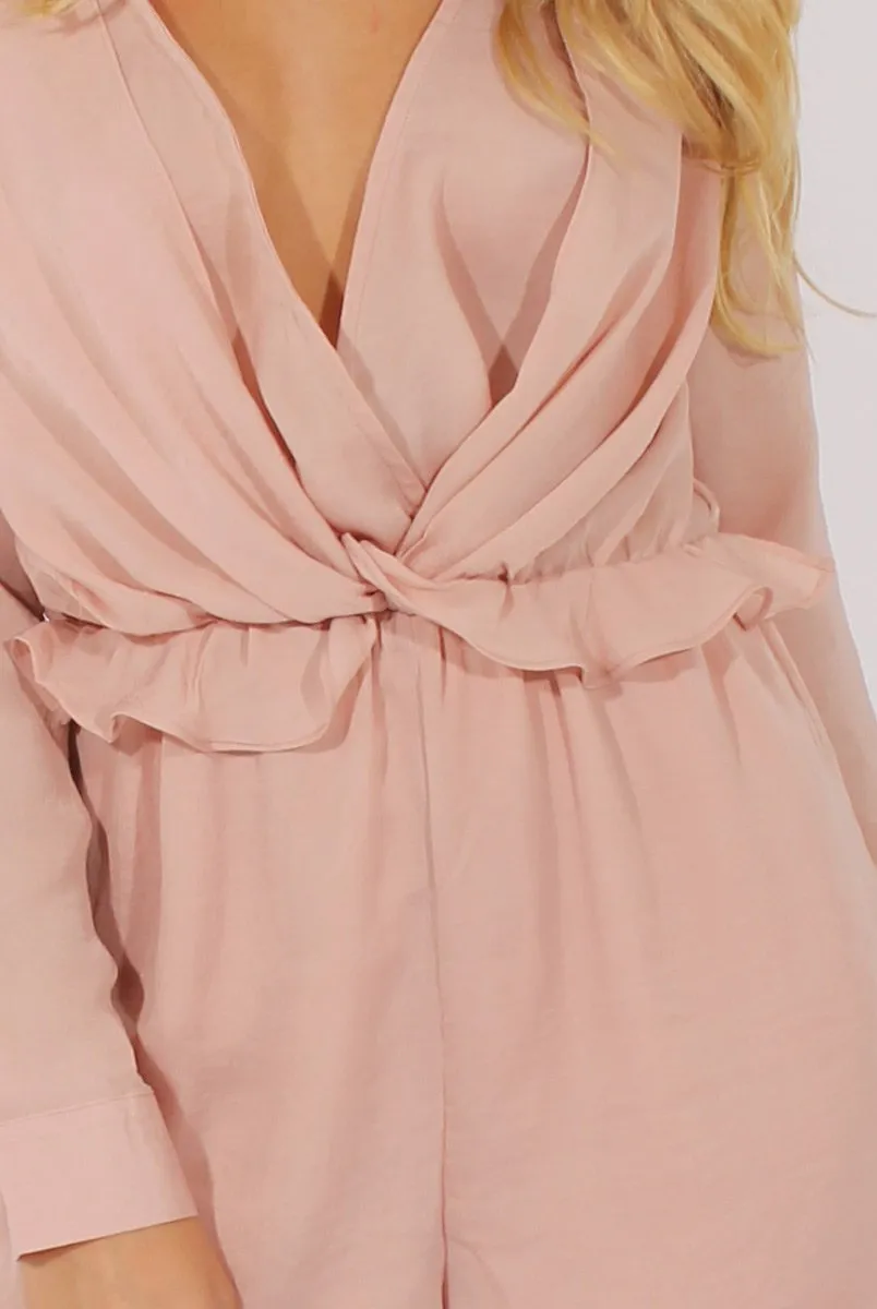 Pink Satin Plunge Knot Playsuit  - Candy