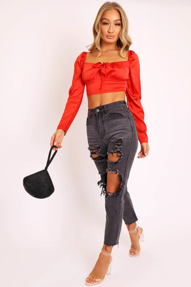 Red Satin Bow Front Milkmaid Crop Top - Elsy